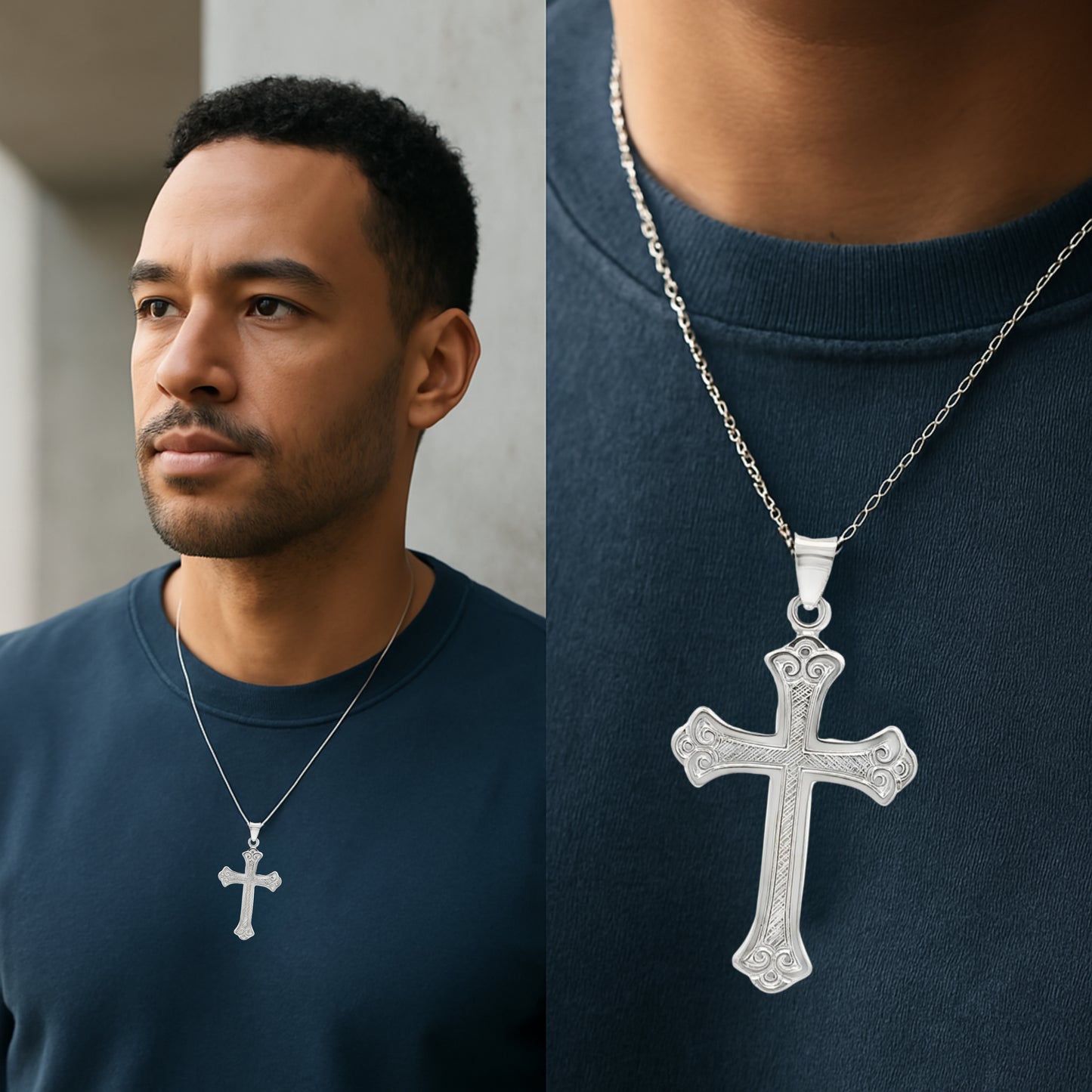 925 Antiqued Silver Bright Silver Design Cross XXL XL L M S lifestyle man wearing cross on chain