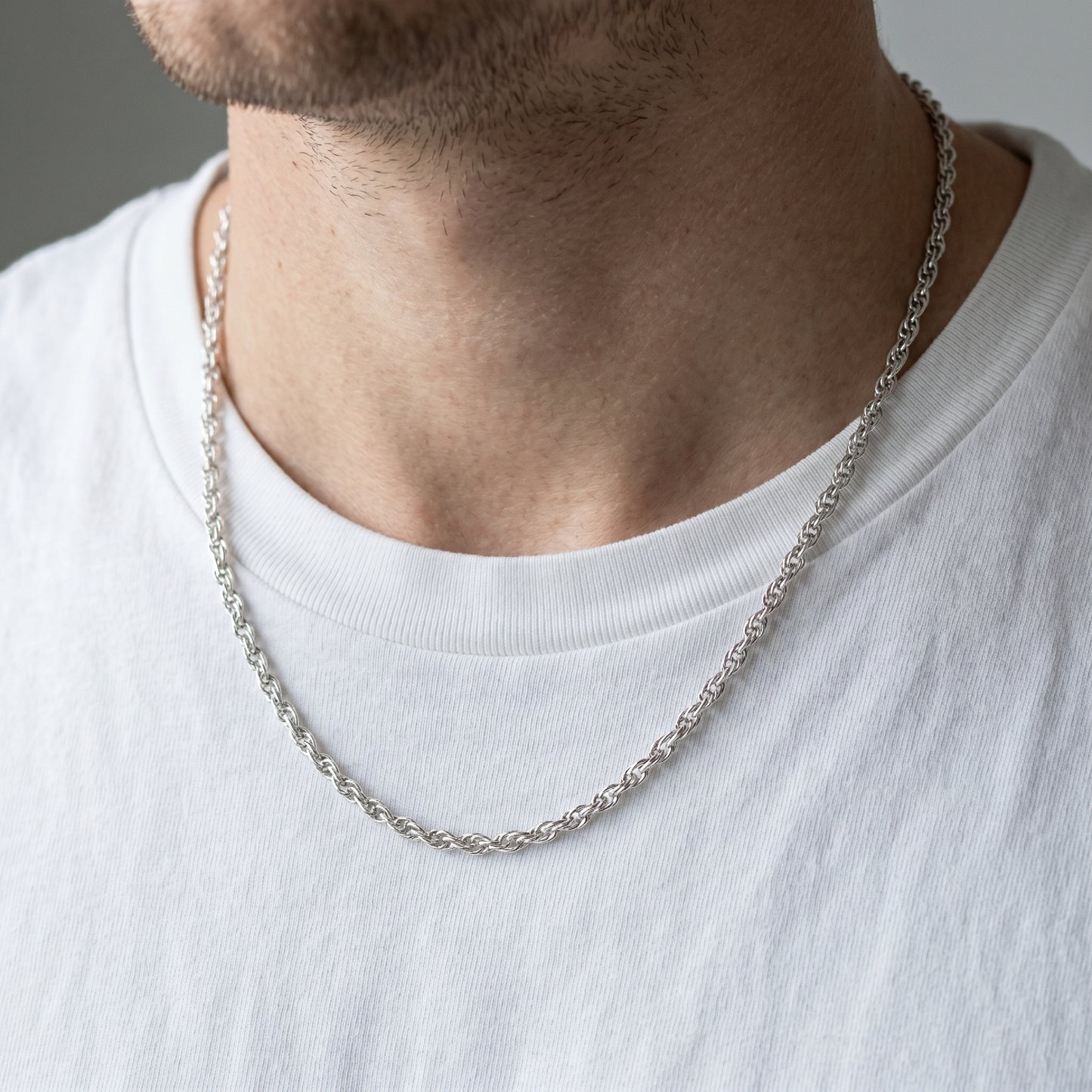 Solid 925 Sterling Silver 20" Rope Chain lifestyle image on man