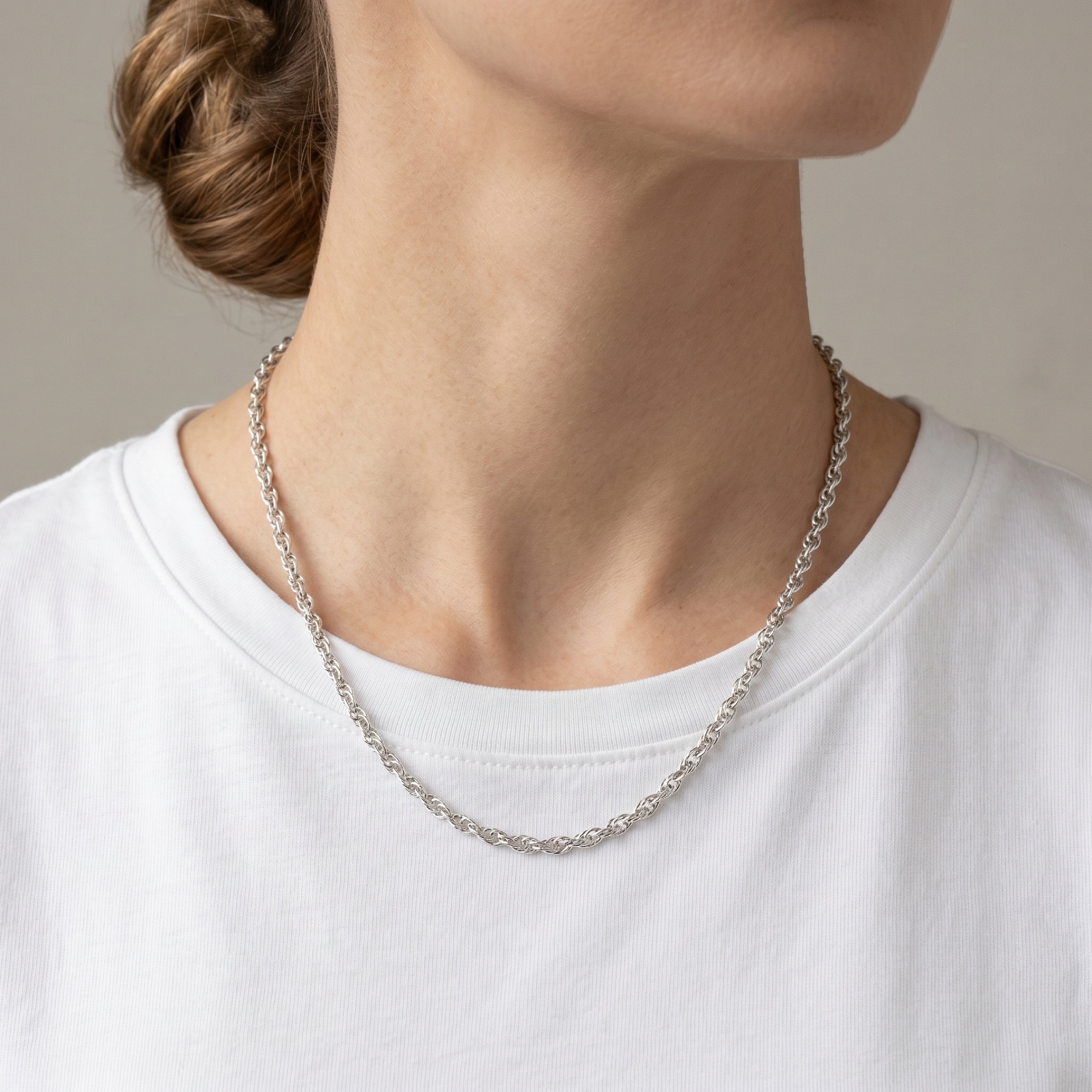 Solid 925 Sterling Silver 20" Rope Chain lifestyle image on woman