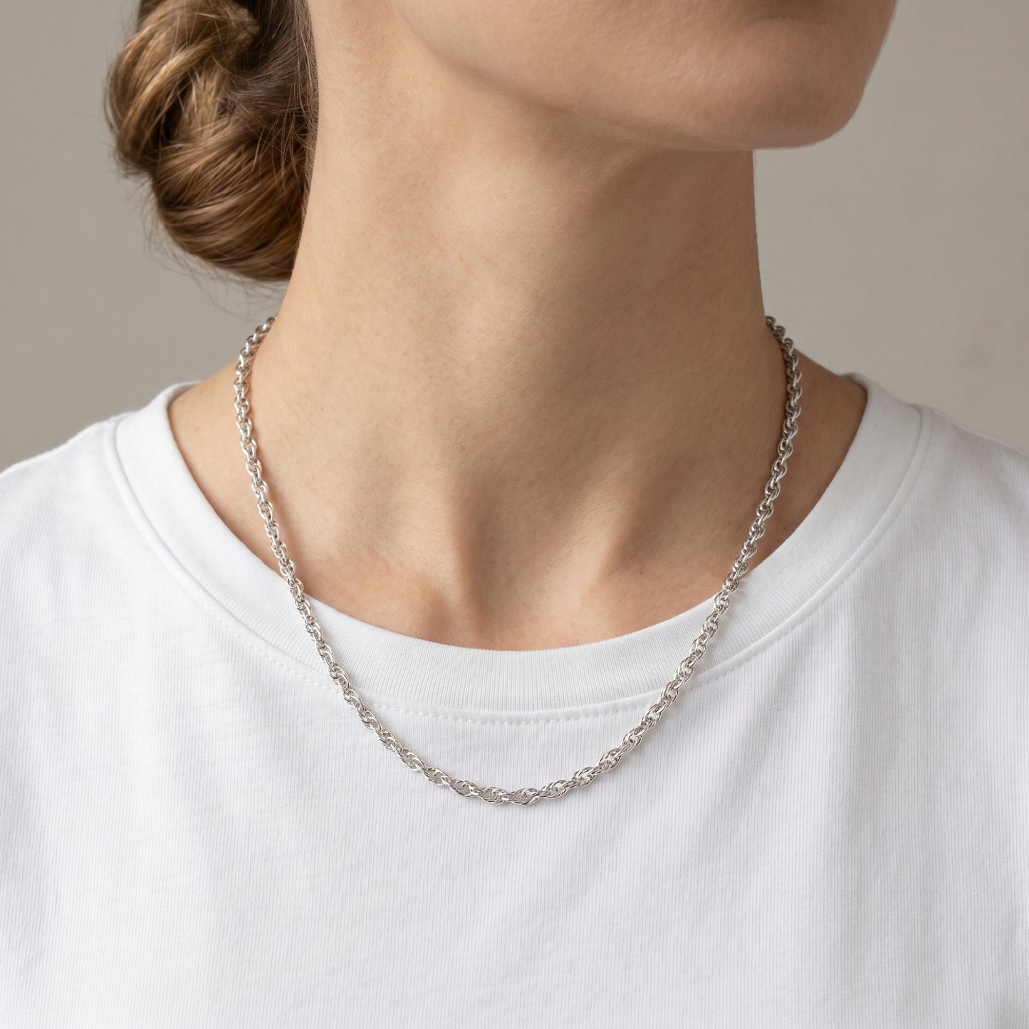 Solid 925 Sterling Silver 20" Rope Chain lifestyle image on woman