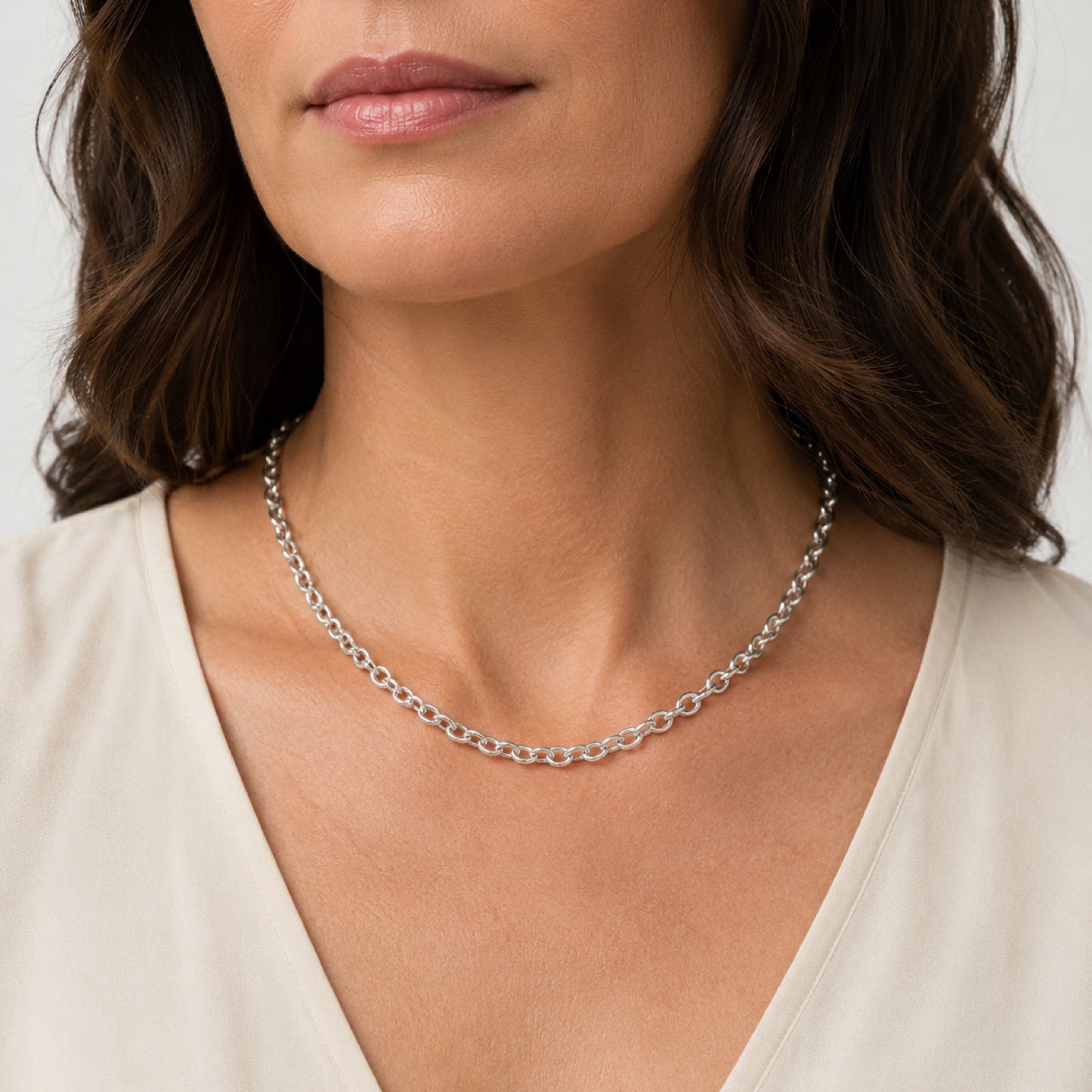 Bright Silver 925 SS Solid 925 Sterling Silver 3.3mm Cable Chain 16 inch 18 inch 20 inch lifestyle on woman image
