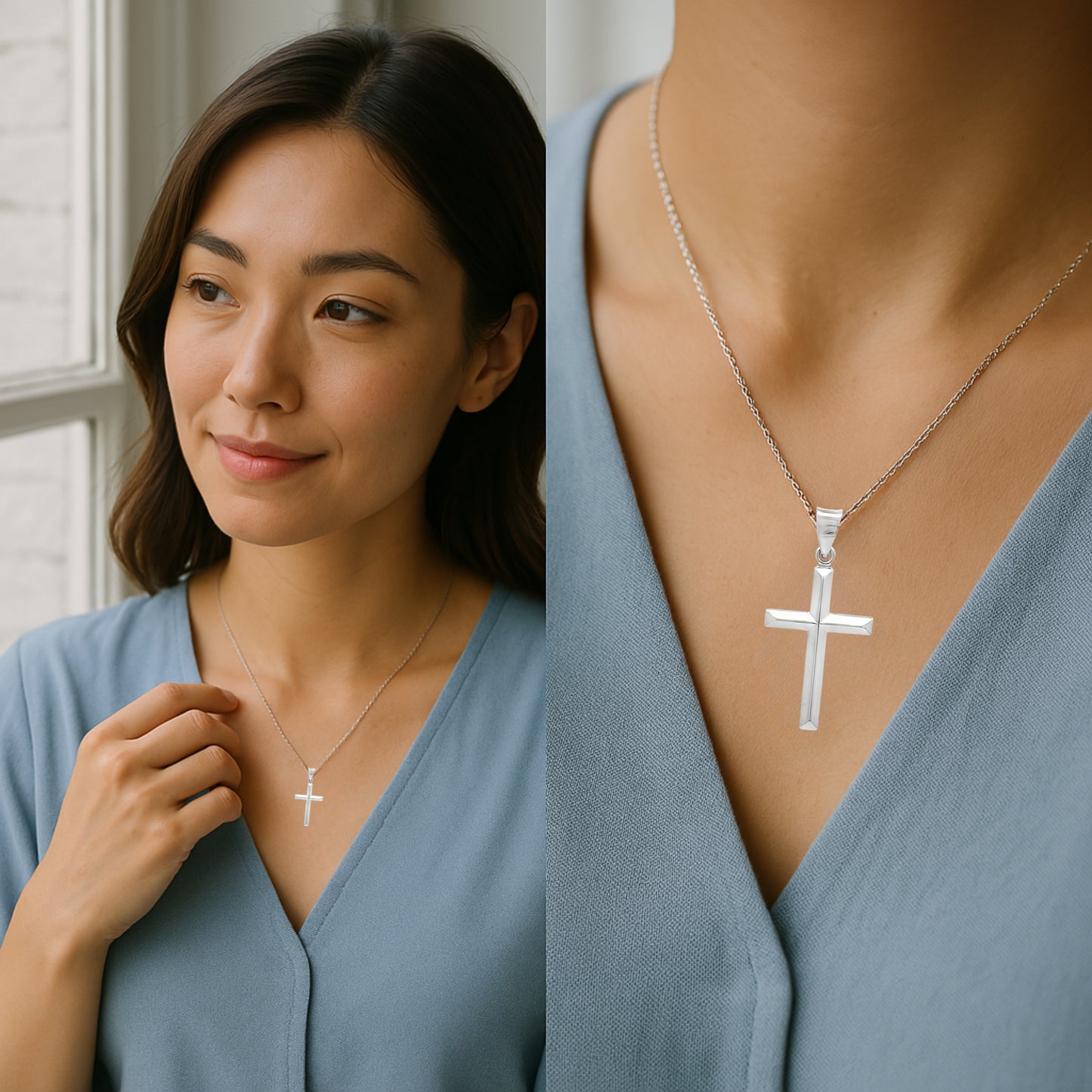 925 Bright Silver Cross L M S XS lifestyle image woman wearing cross on chain