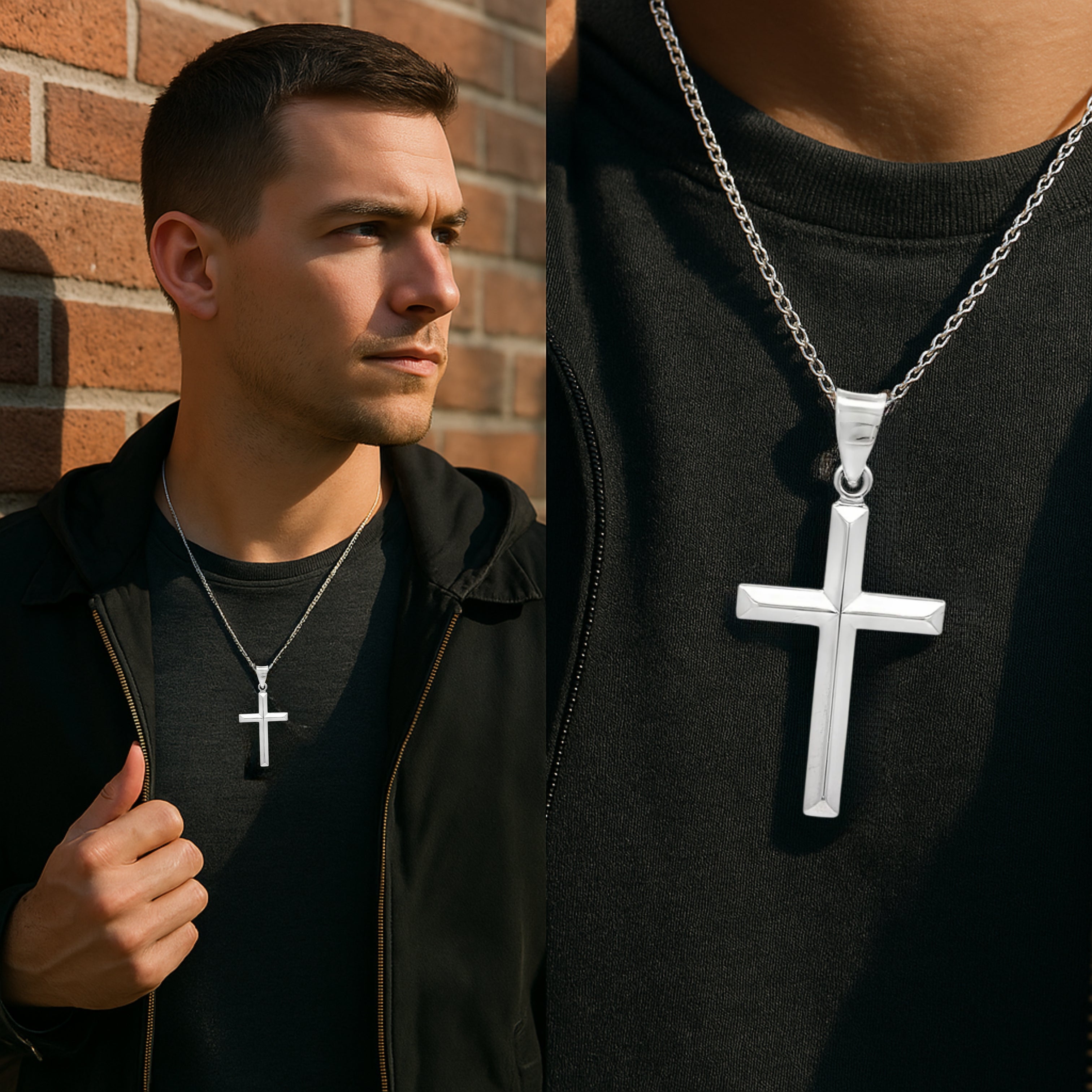 925 Bright Silver Cross L M S XS lifestyle image man wearing cross on chain