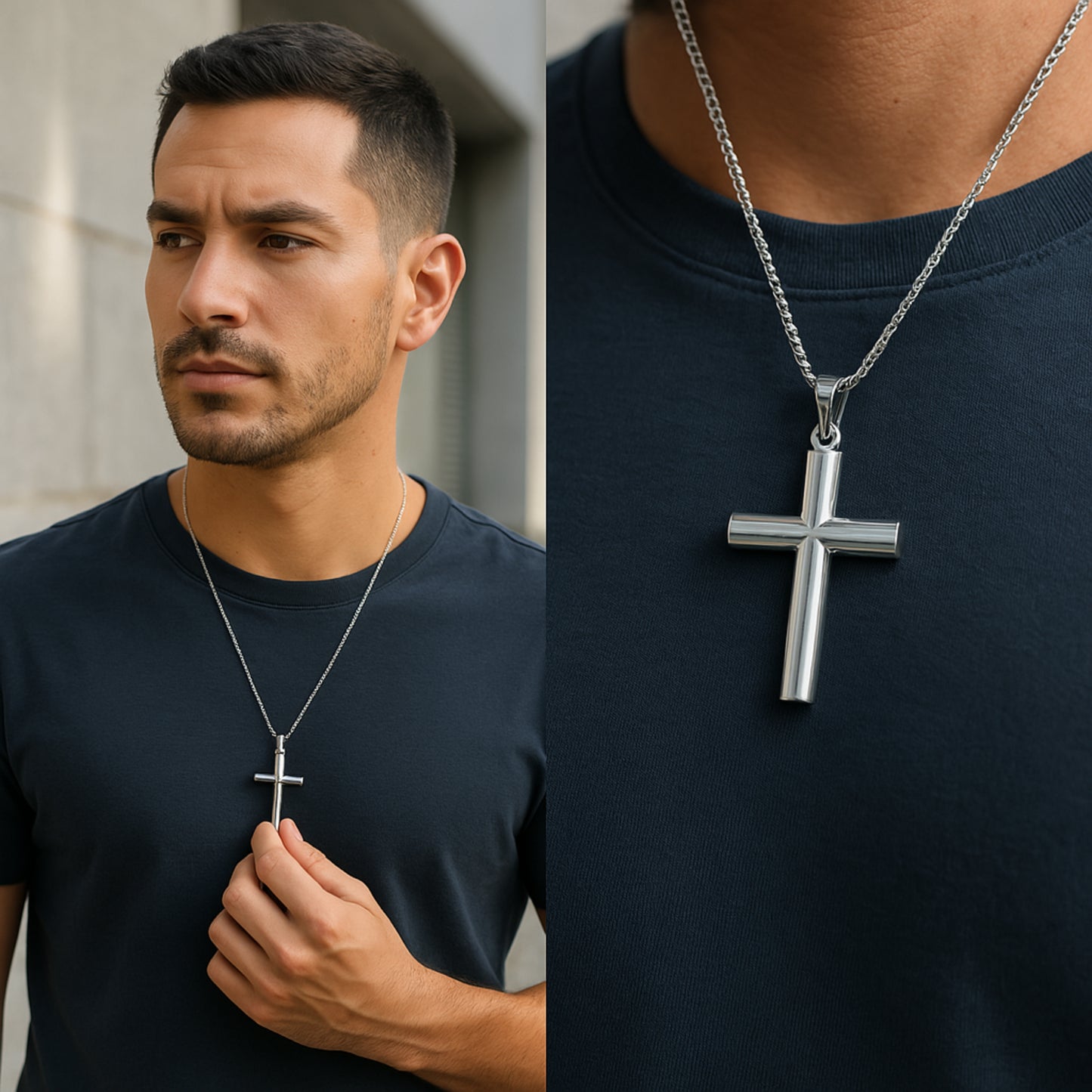 925 Bright Silver Tube Cross XXL XL L M S XS lifestyle image man wearing cross on necklace