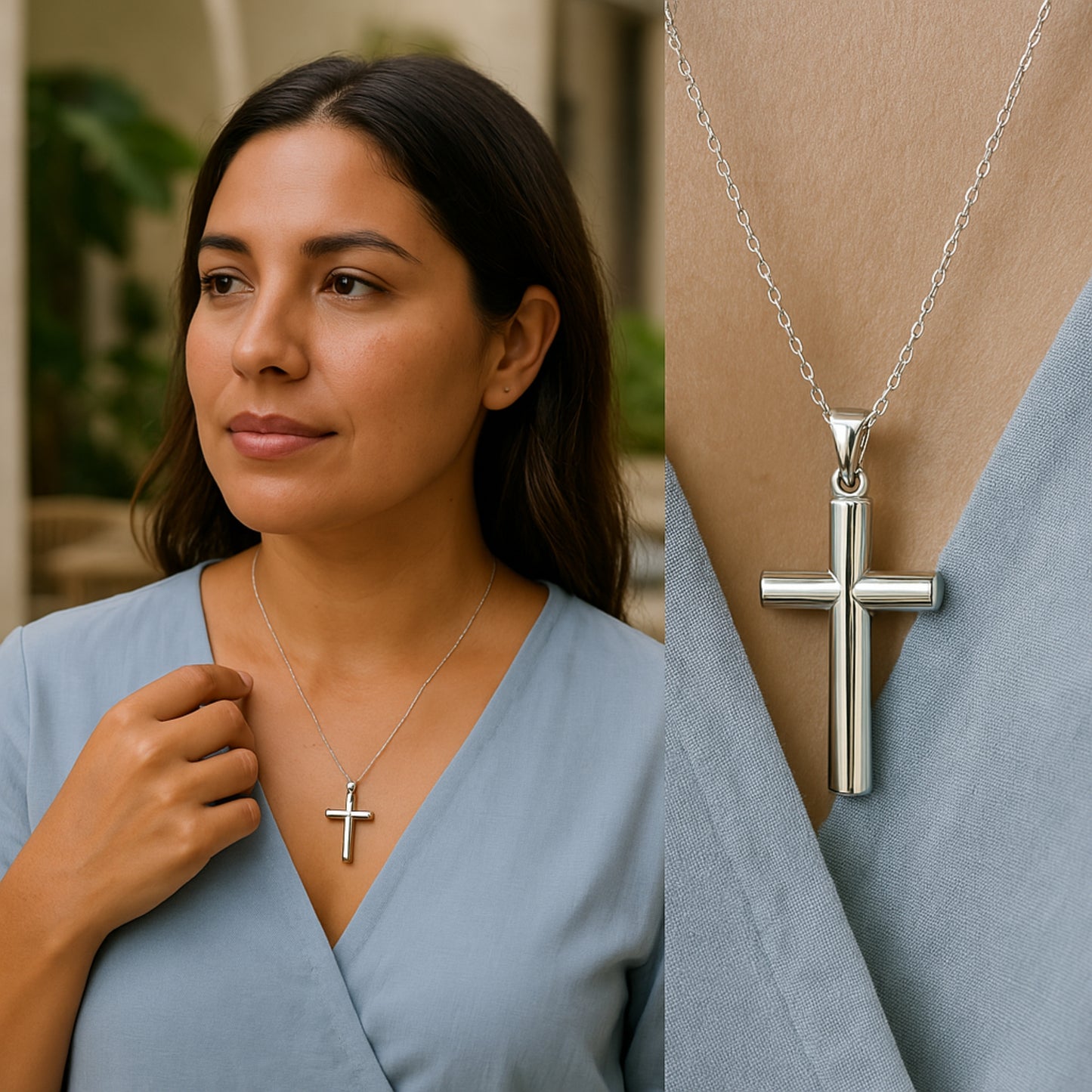925 Bright Silver Tube Cross XXL XL L M S XS lifestyle image woman wearing cross on necklace