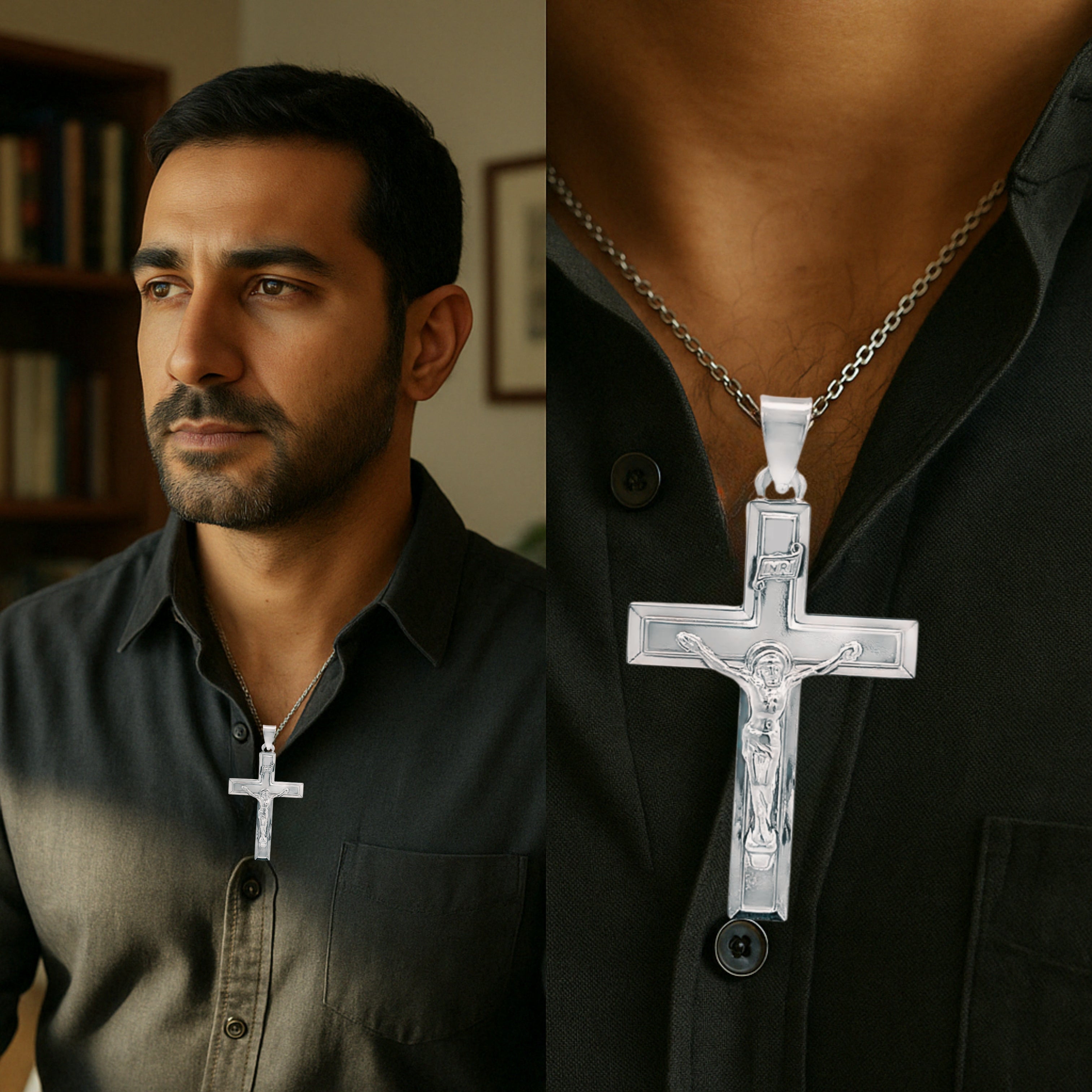 925 Antiqued Silver Bright Silver Plain Crucifix L lifestyle man wearing inri crucifix on necklace