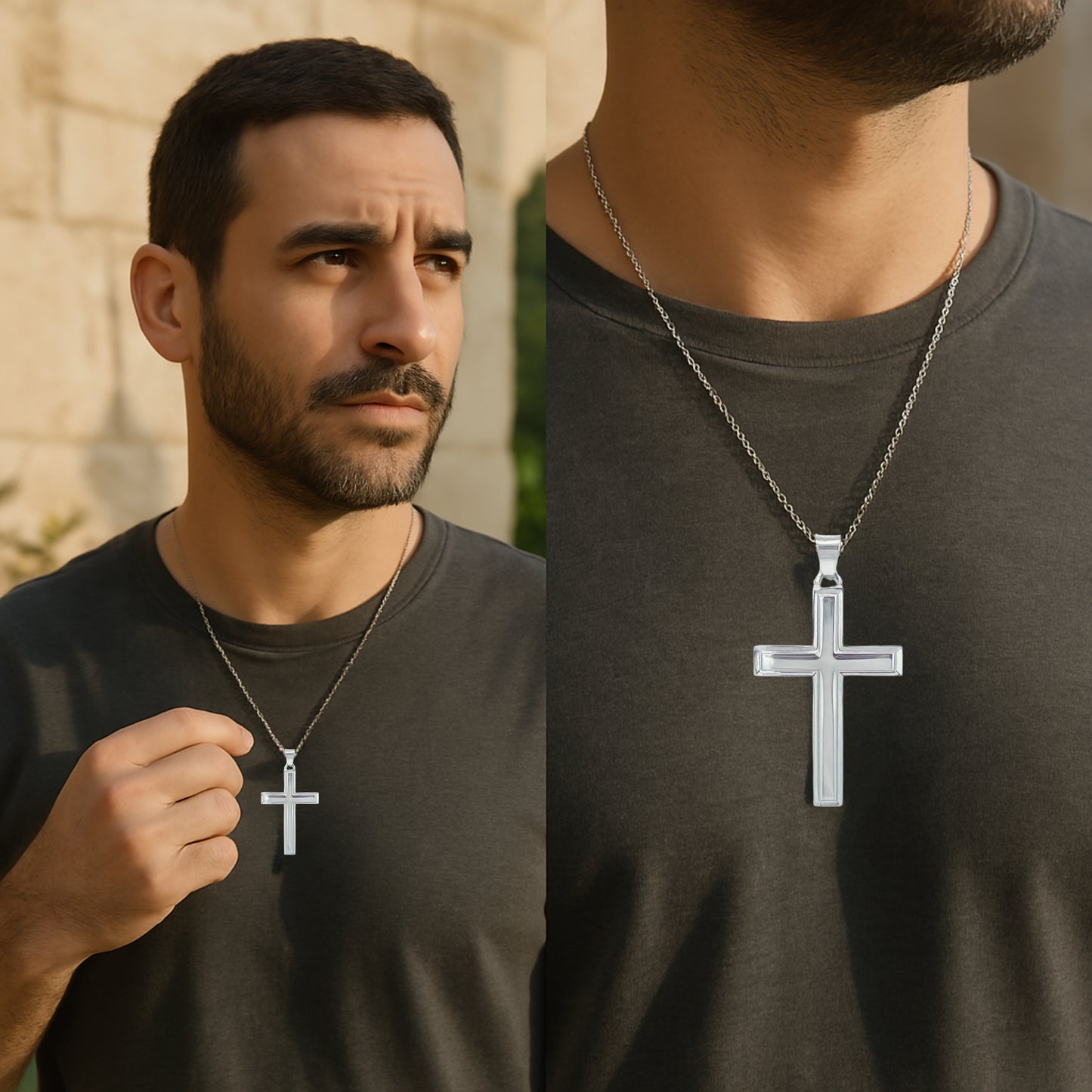 925 Bright Silver Plain Cross L M S Lifestyle image man wearing cross on chain