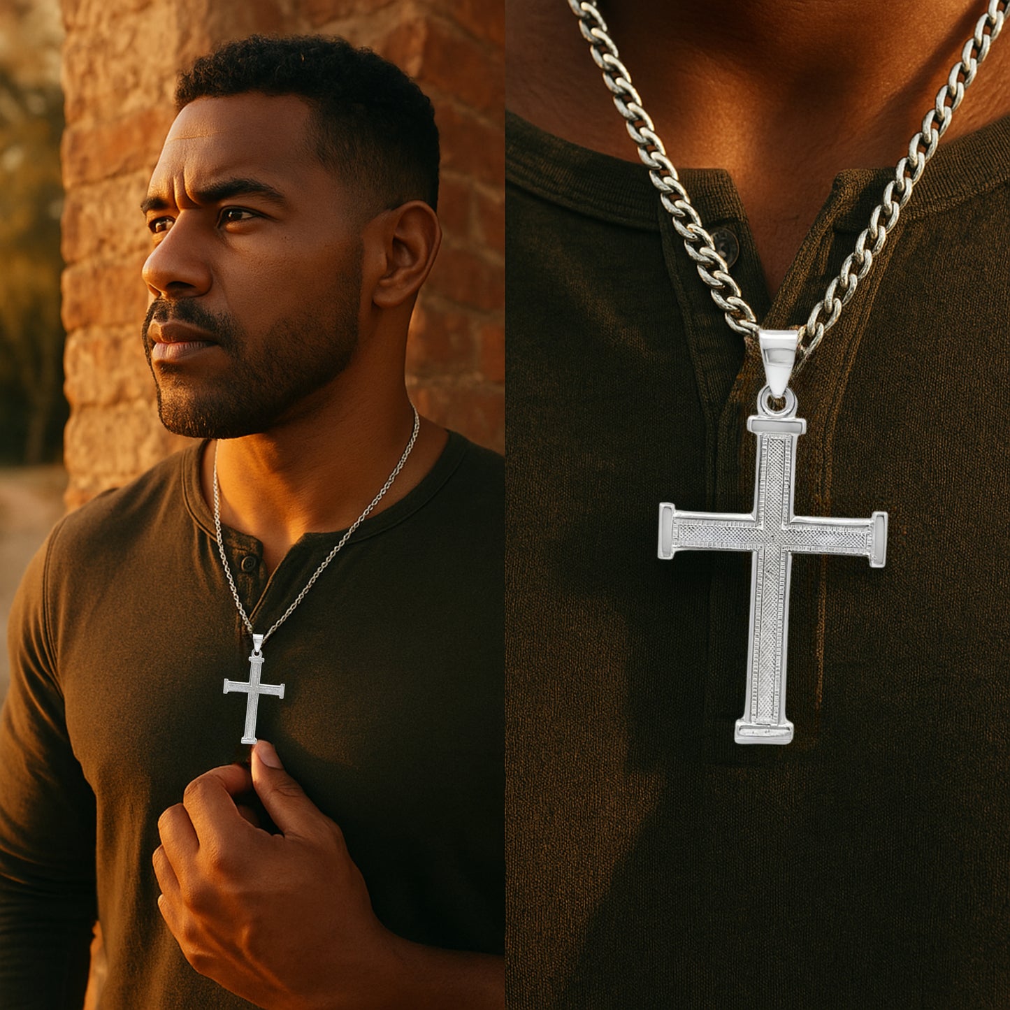 925 Antiqued Silver Bright Silver Textured Cross L M S lifestyle image man wearing cross on chain
