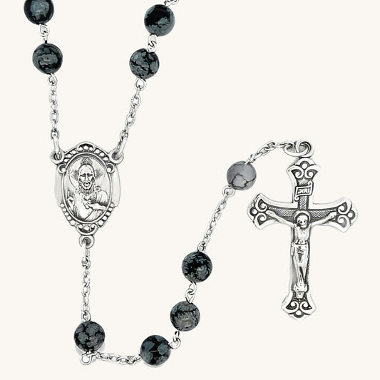 925 Sterling Silver Snowflake Obsidian Rosary - Oval Sacred Heart - Design Crucifix - XL