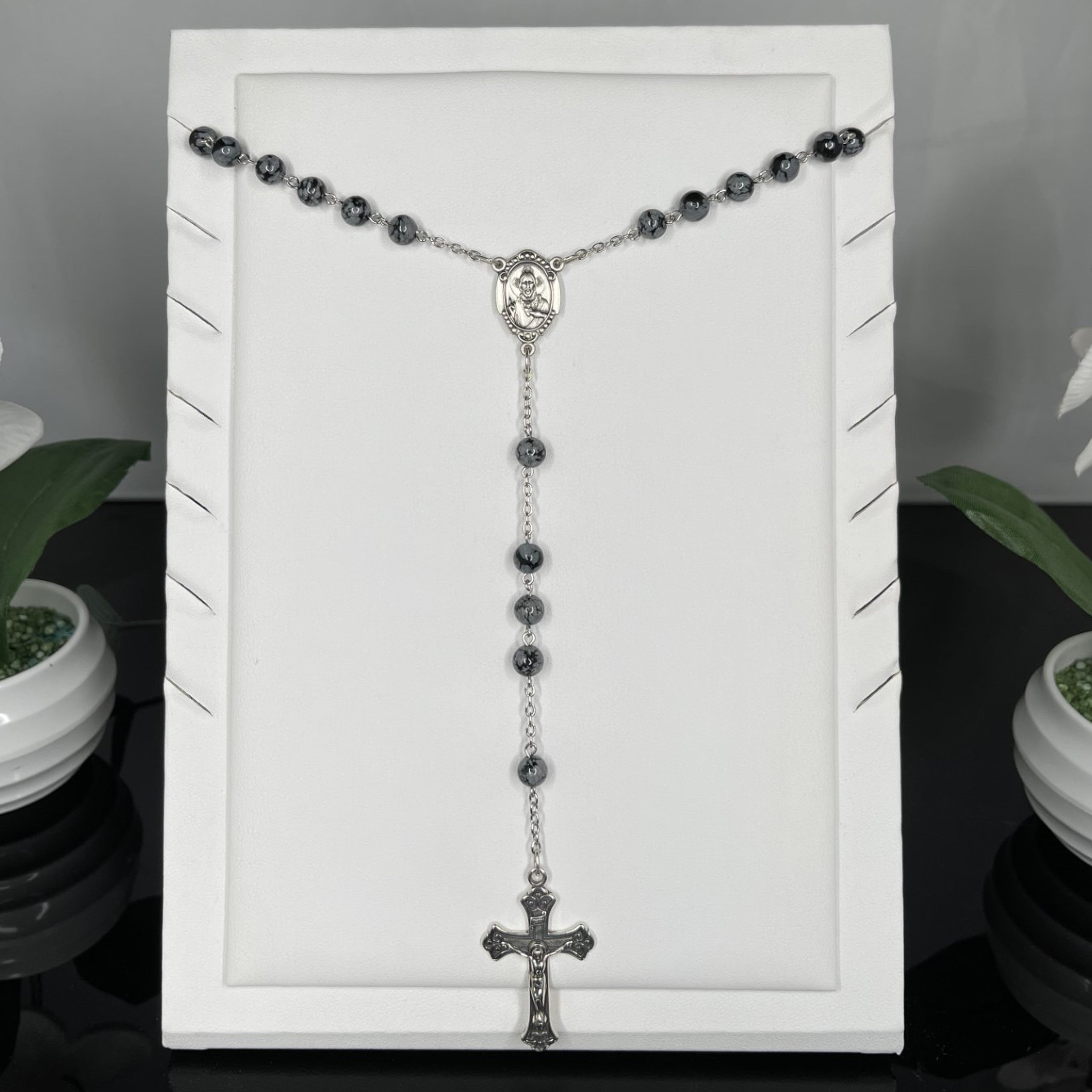 925 Sterling Silver Snowflake Obsidian Rosary - Oval Sacred Heart - Design Crucifix - XL