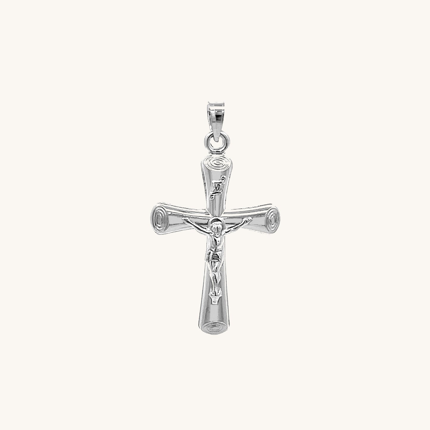 14K White Gold Circle Edge Crucifix S