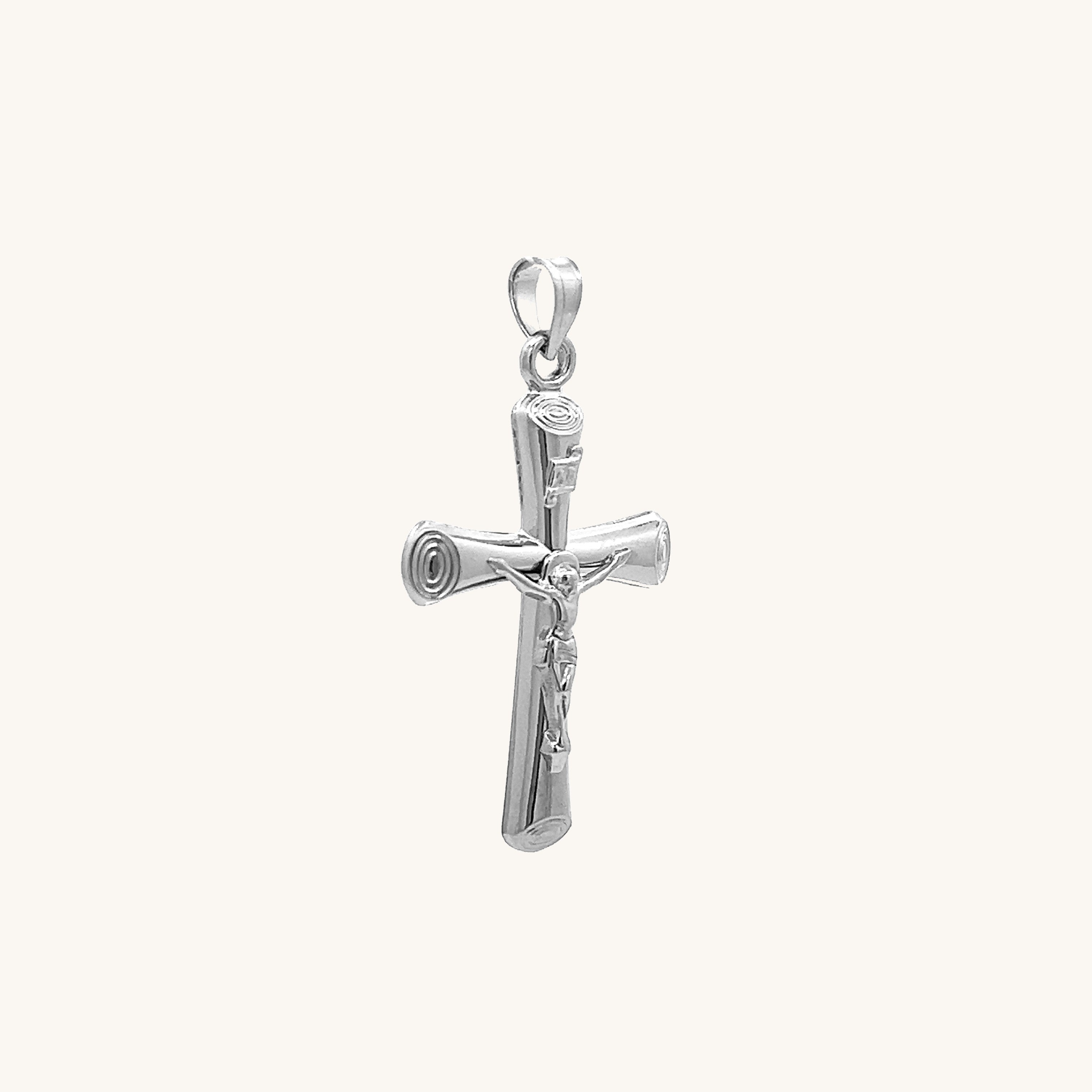 14K White Gold Circle Edge Crucifix S