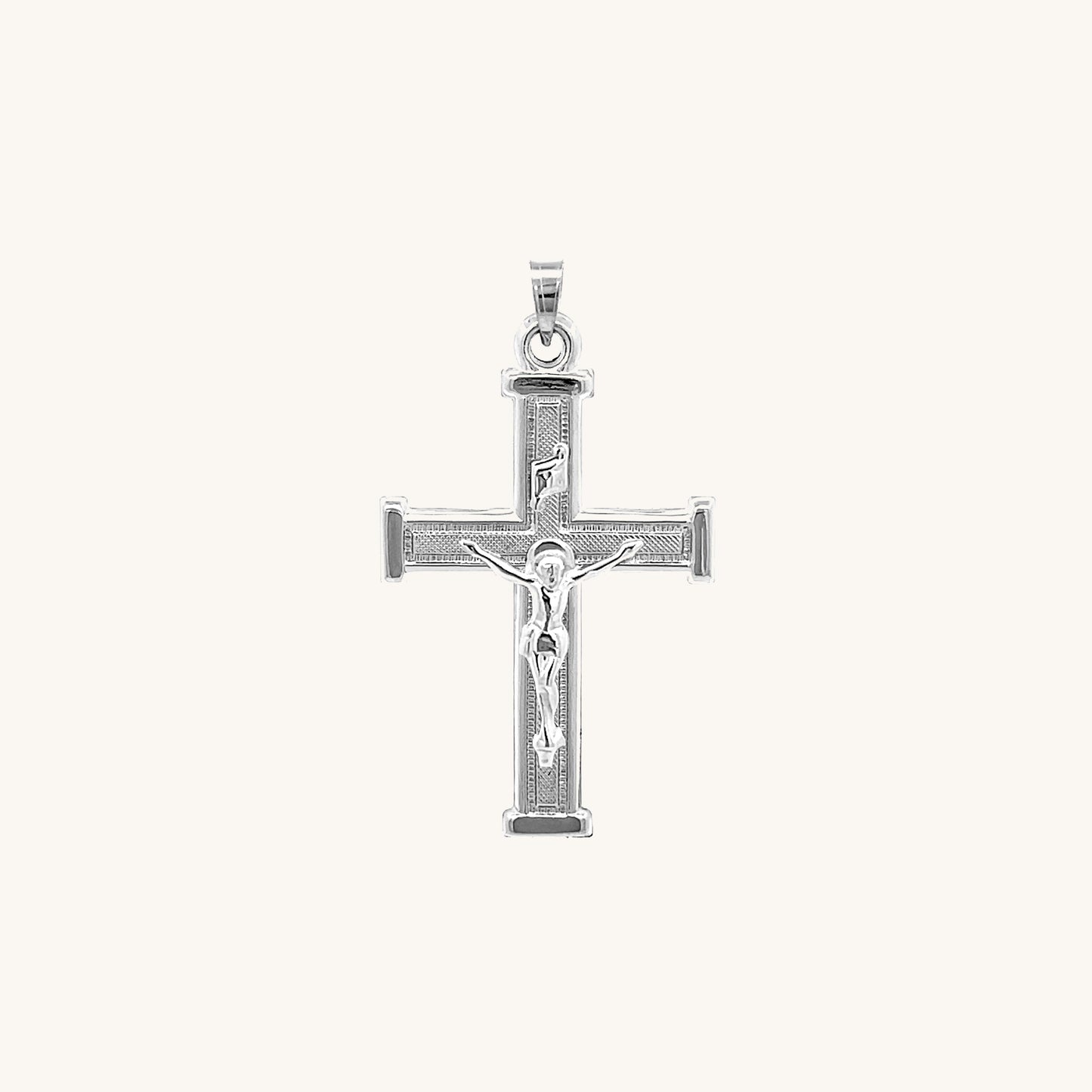 14K White Gold Textured Square Crucifix M