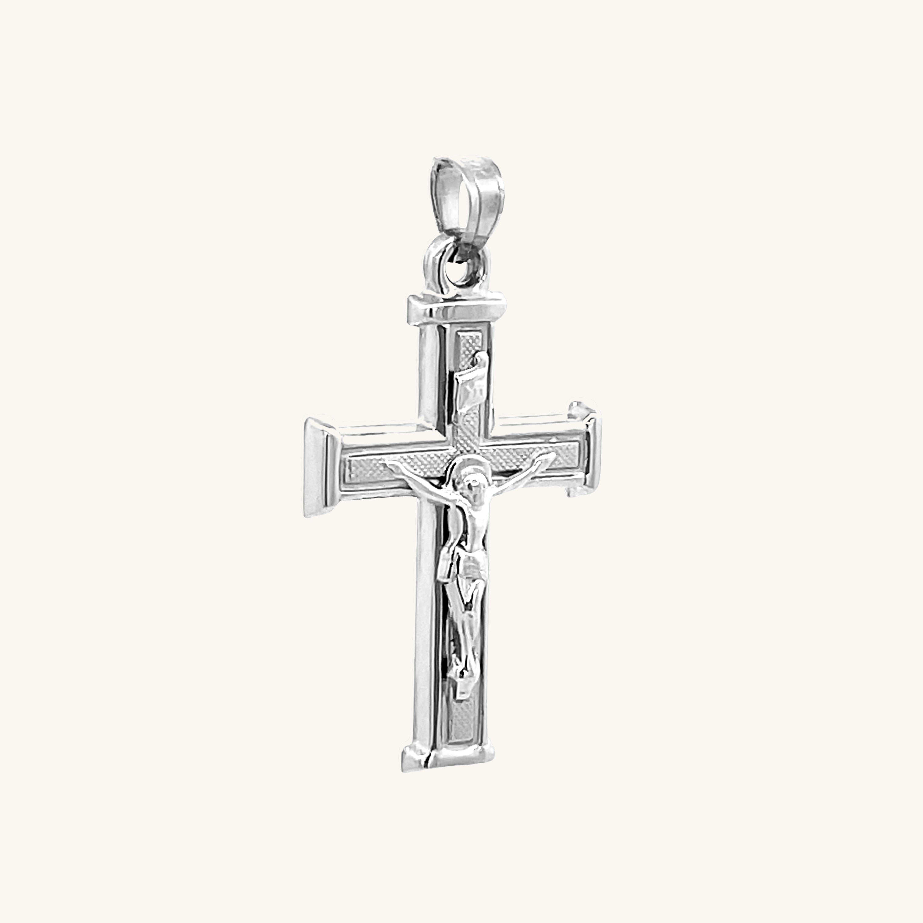 14K White Gold Textured Square Crucifix M S