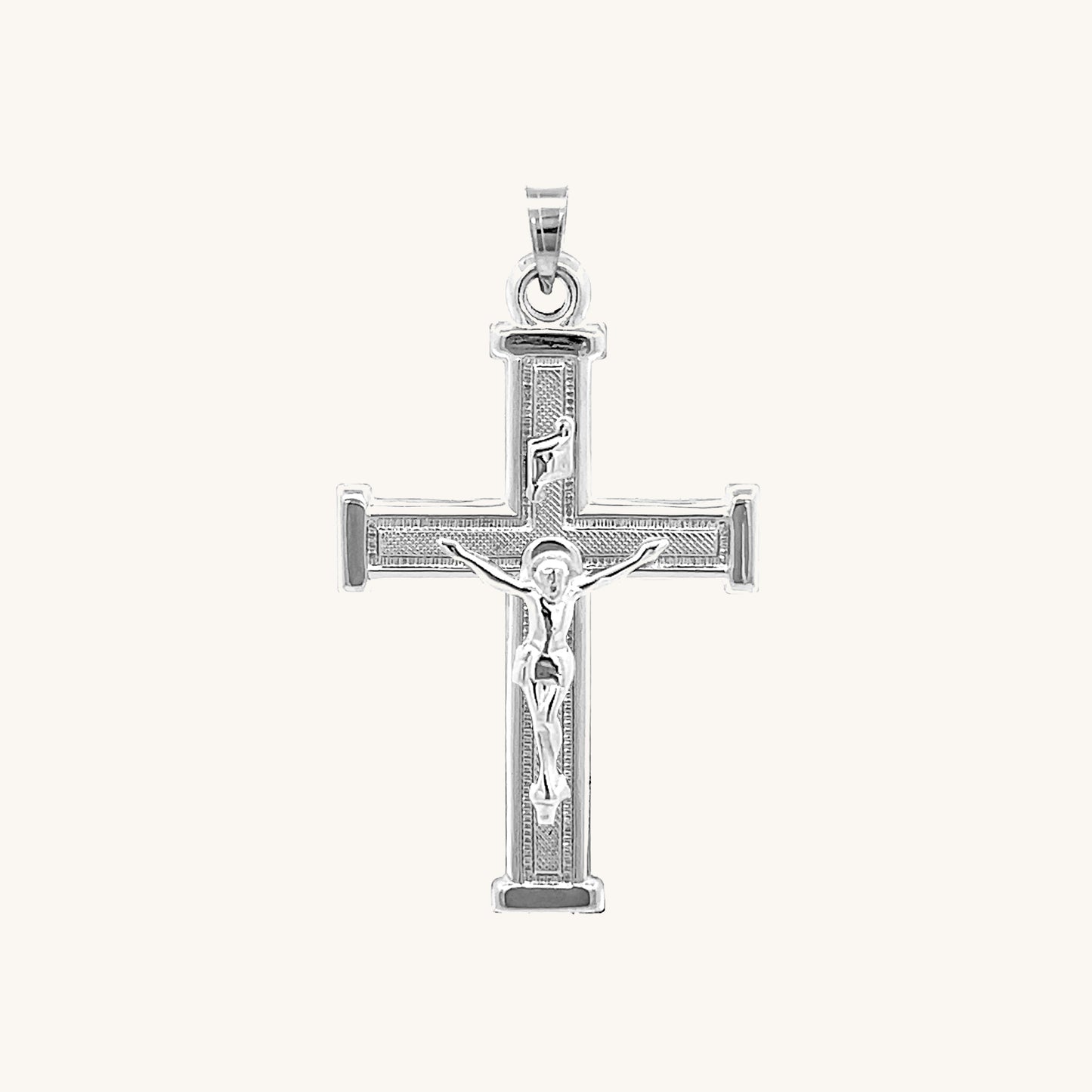 14K White Gold Textured Square Crucifix M