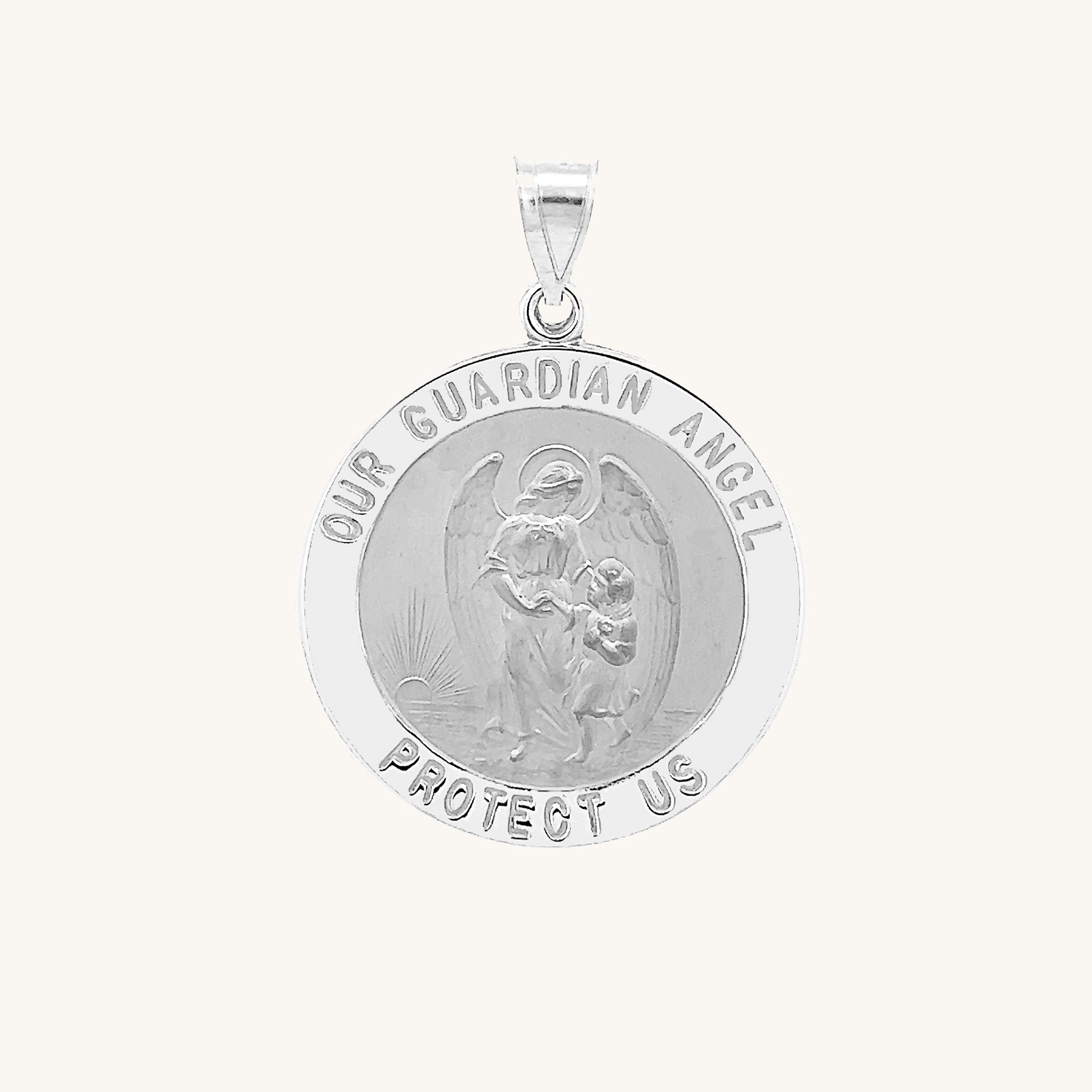 14K White Gold Guardian Angel Medal M