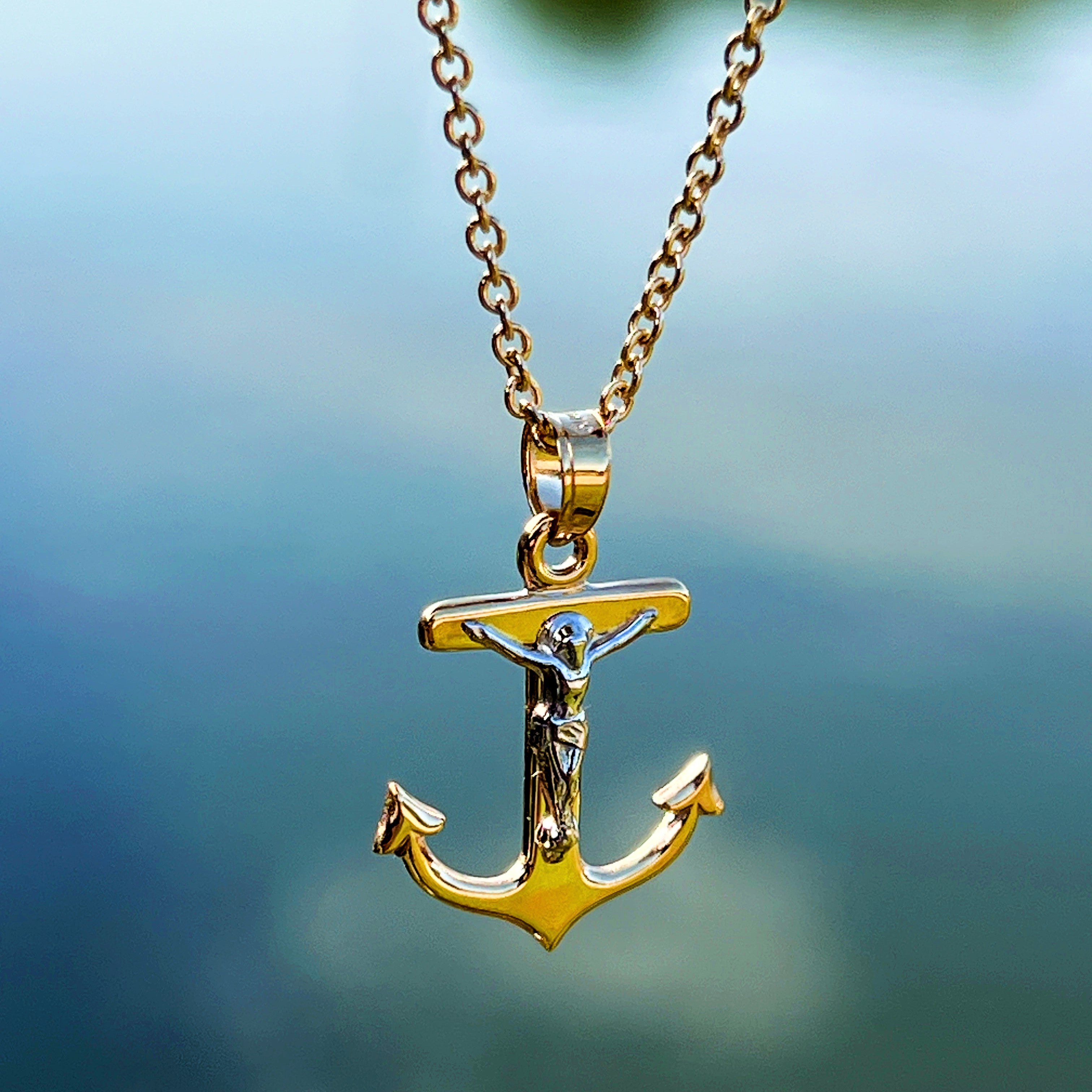 14K Two Tone Gold Plain Mariners Crucifix Anchor M Lifestyle