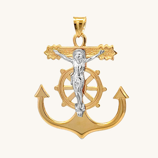 14K Two Tone Gold Mariners Crucifix Anchor XL