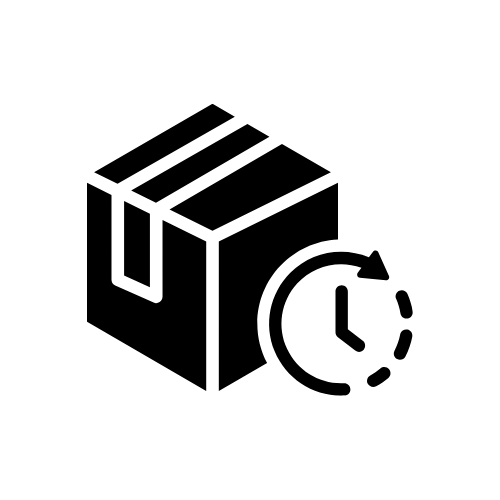 Black icon of a box with a clock and arrow, symbolizing time-sensitive shipping.