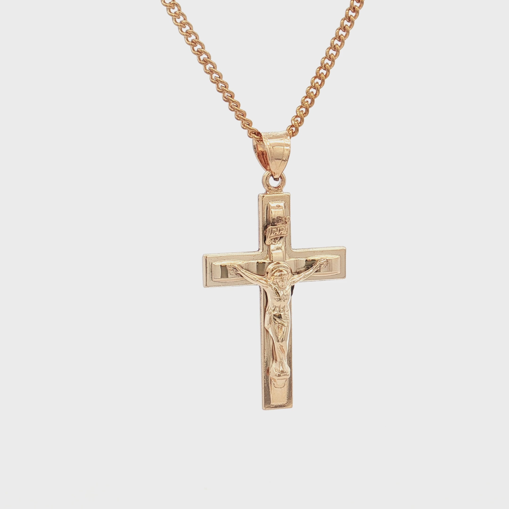 Solid 14K Double Bonded Gold INRI Crucifix Pendant only video L size
