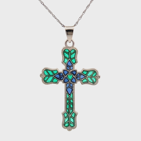 925 Sterling Silver Bright Silver XL Green Plique a Jour Cross Necklace video