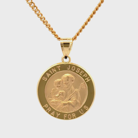 Solid 14K Double Bonded Gold Saint Joseph pendant medal on cable chain video size L (size of Nickel) M (size of Dime)
