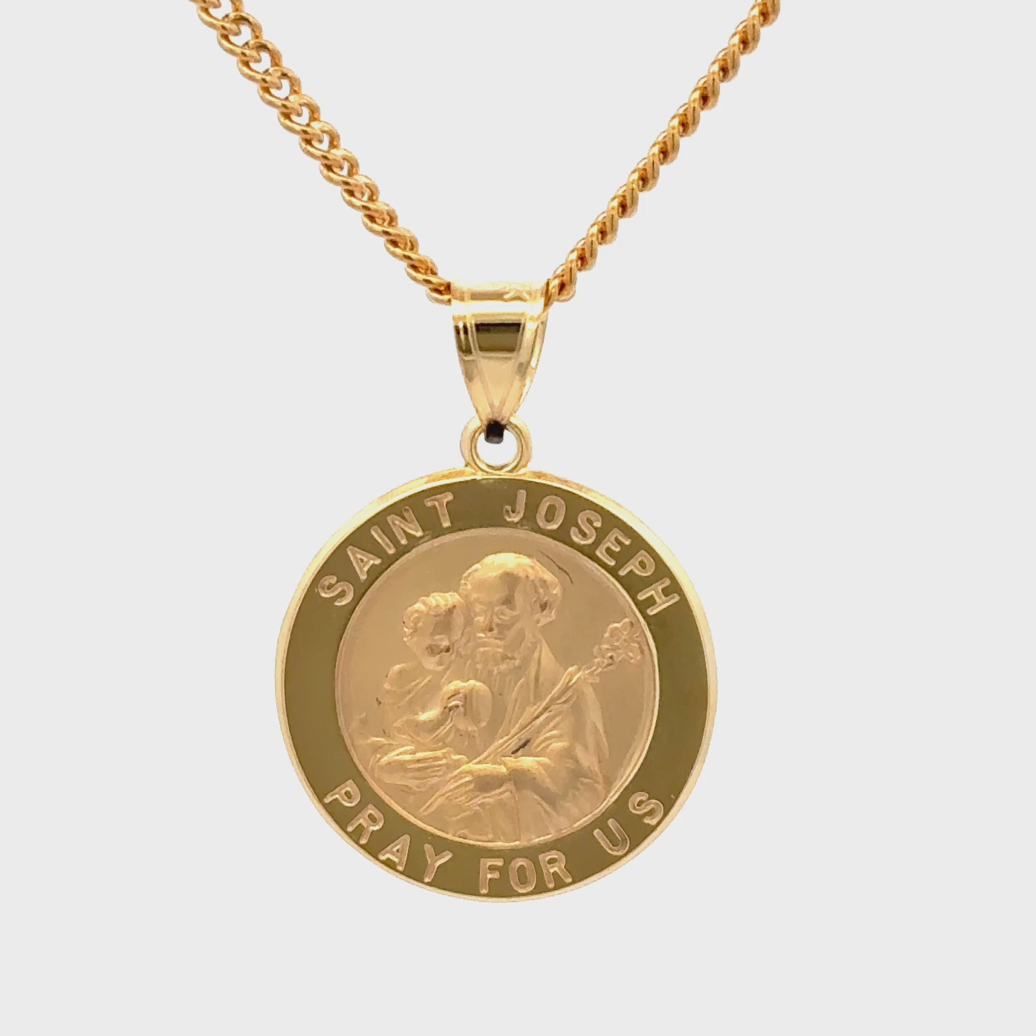 Solid 14K Double Bonded Gold Saint Joseph pendant medal on cable chain video size L (size of Nickel) M (size of Dime)