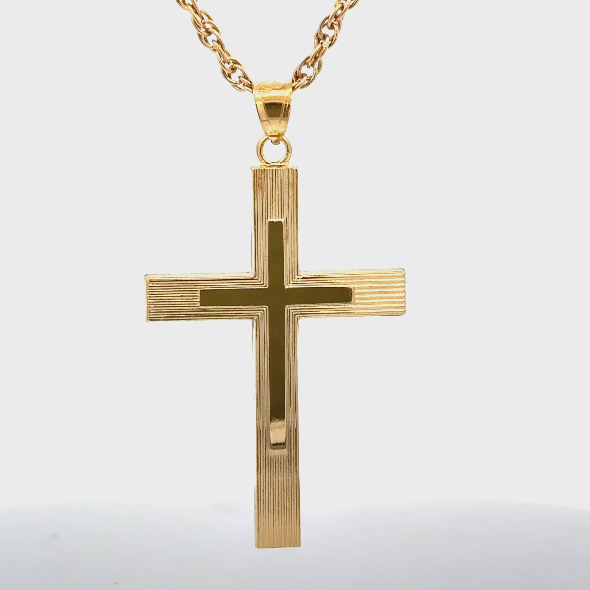 Solid 14K Double Bonded Gold XXL Engine-Turn design Cross pendant on a rope chain video