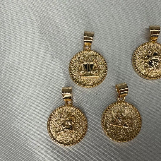 Solid 14K Double Bonded Gold zodiac charm pendants S Aries, Taurus, Gemini, Cancer, Leo, Virgo, Libra, Scorpio, Sagittarius, Capricorn, Aquarius, Pisces video