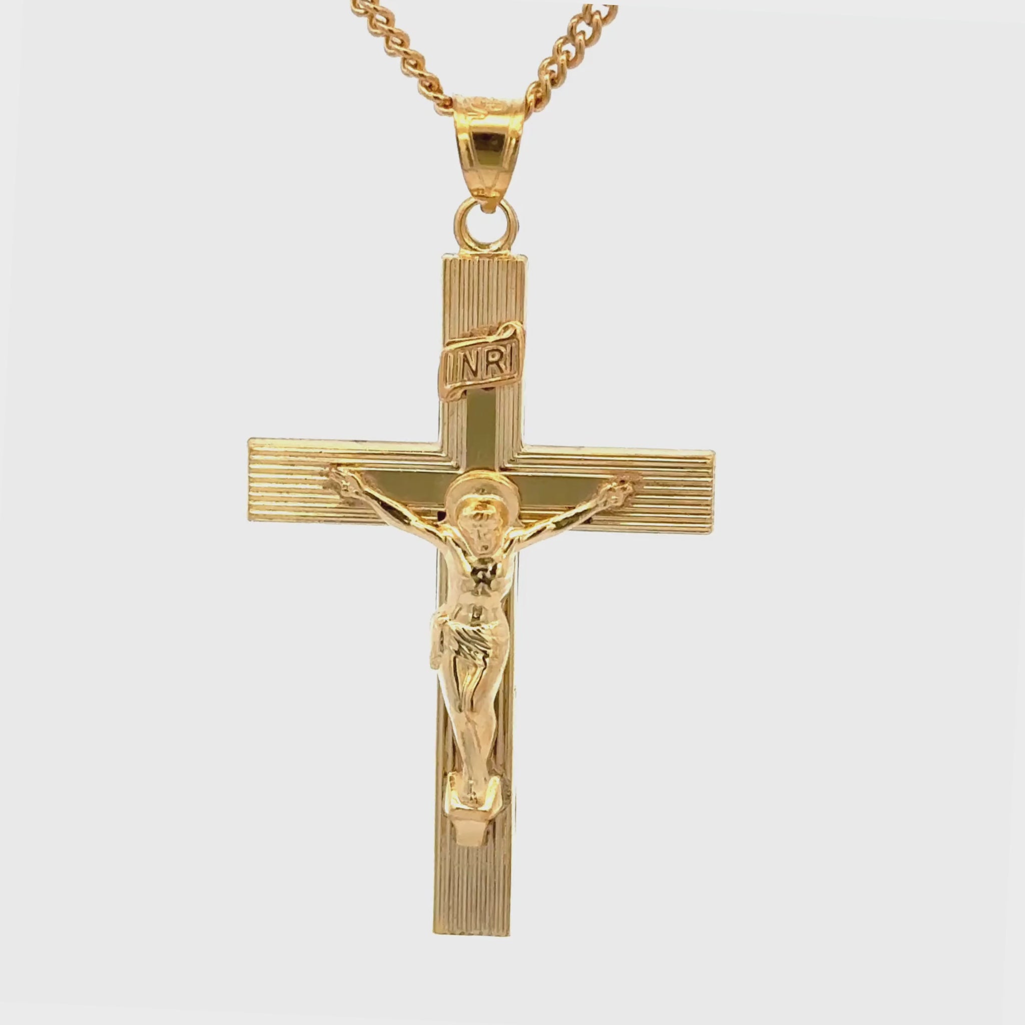 XXL 14K double‑bonded gold INRI crucifix pendant with engine‑turned texture and high‑polish finish on 22" Cable chain video