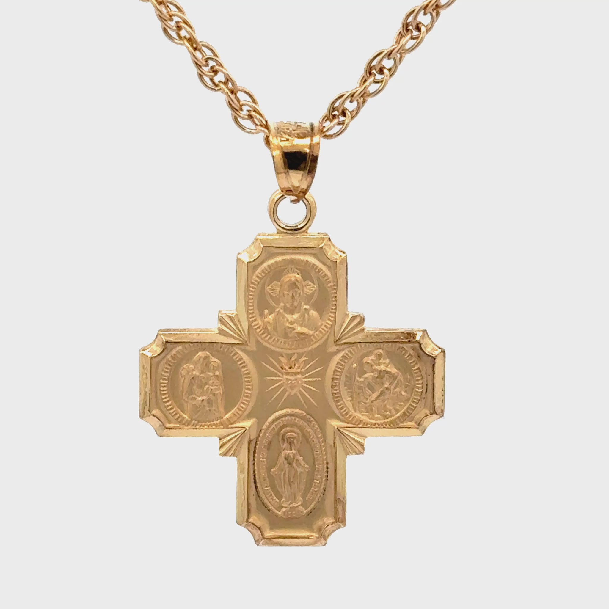 Solid 14K Double Bonded Gold Four Way Cross medal on rope chain video