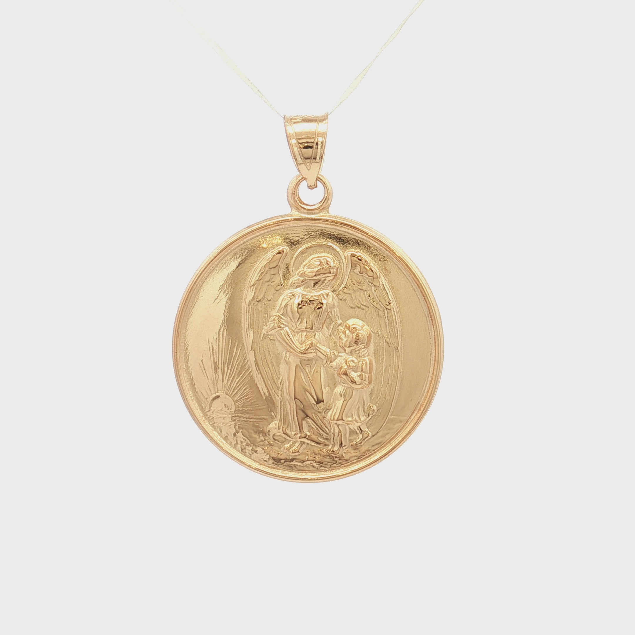 Solid 14K Double Bonded Gold Guardian Angel pendant medal pendant only image size XL (1") XS (1/2") video