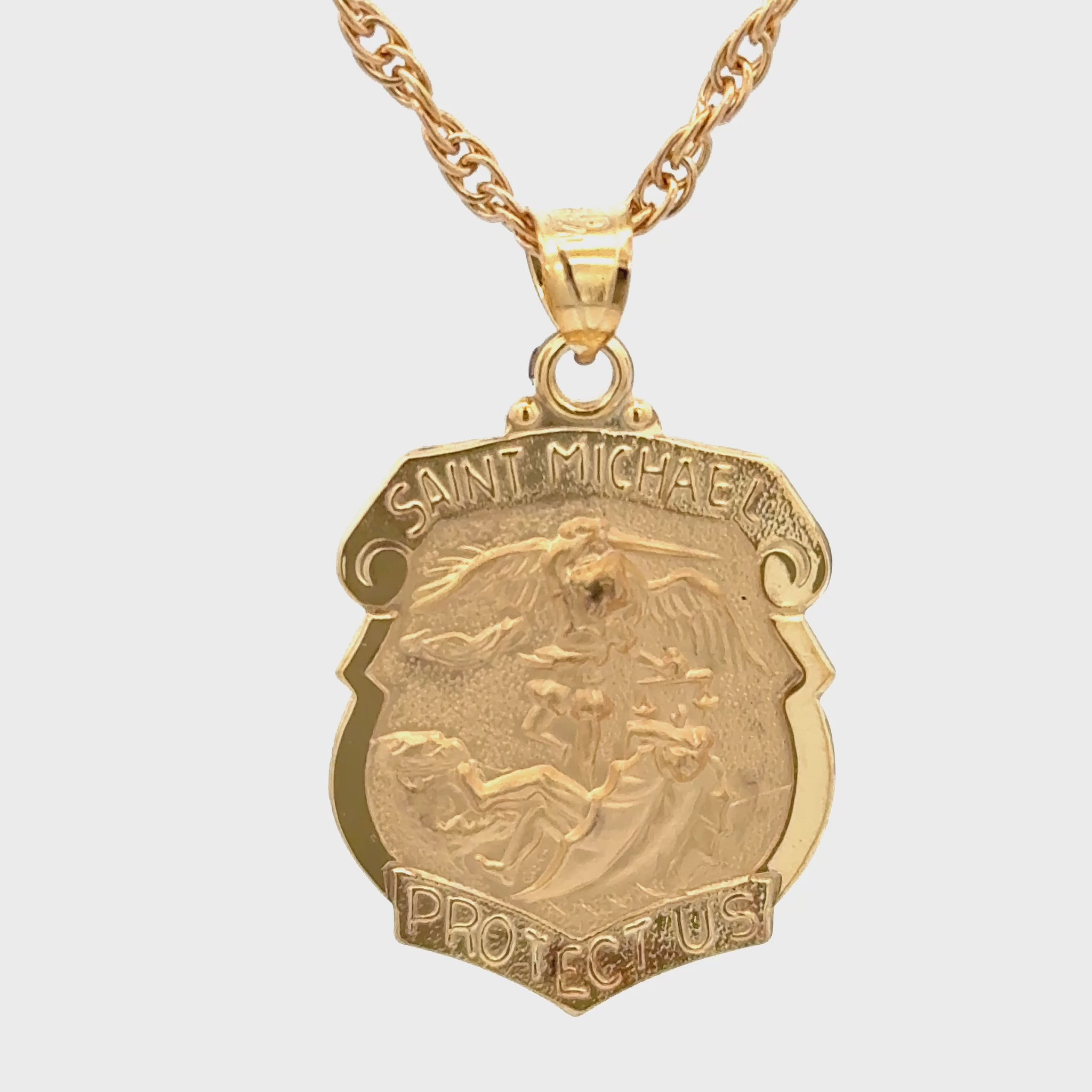 Solid 14K Double Bonded Gold Saint Michael Badge Shield medal on cable chain video