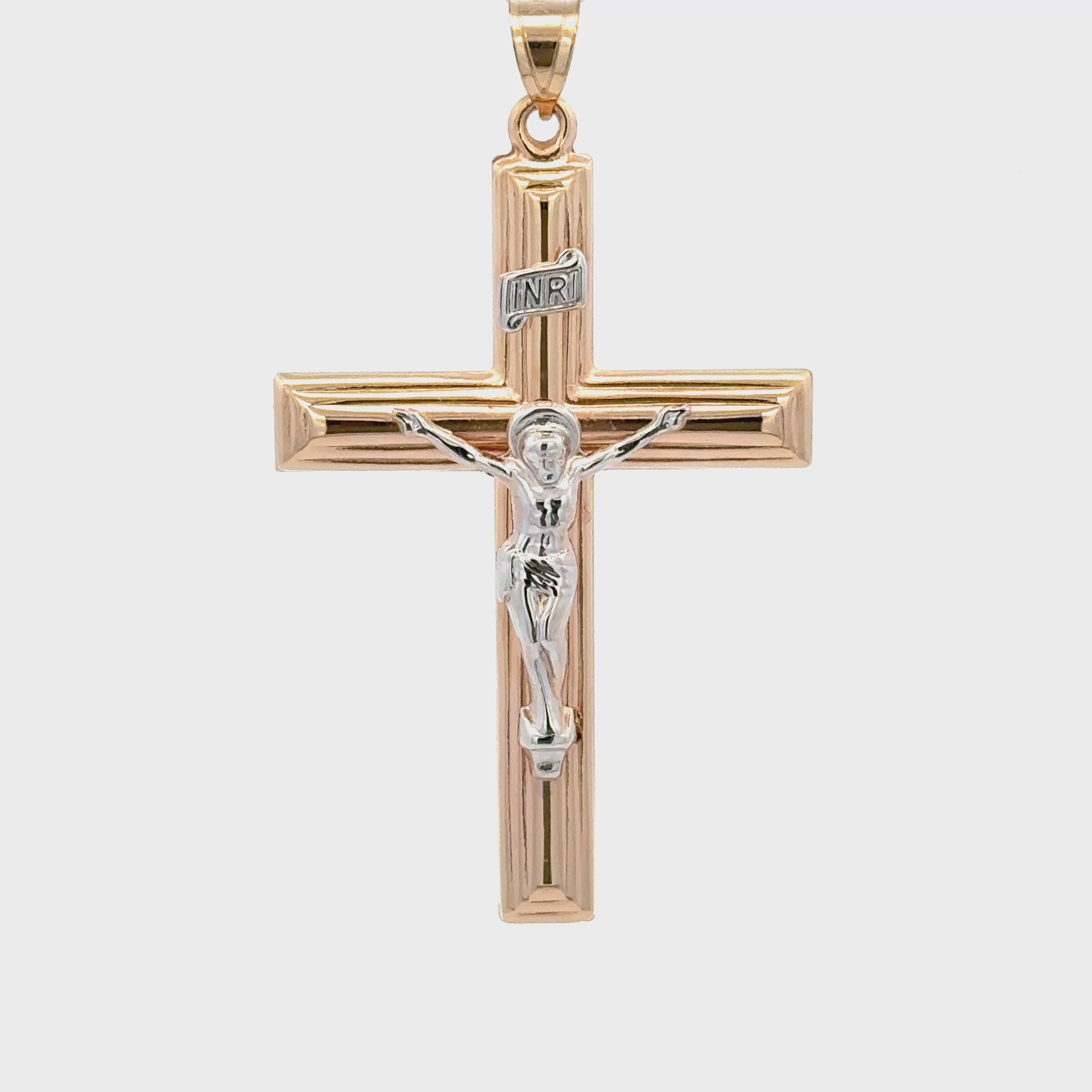 XXL 14K Two Tone gold INRI crucifix pendant with white gold Corpus of Christ on a polished yellow gold beveled cross, handcrafted religious jewelry made in the USA video