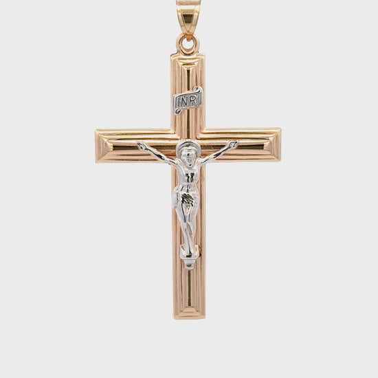 XXL 14K Two Tone gold INRI crucifix pendant with white gold Corpus of Christ on a polished yellow gold beveled cross, handcrafted religious jewelry made in the USA video