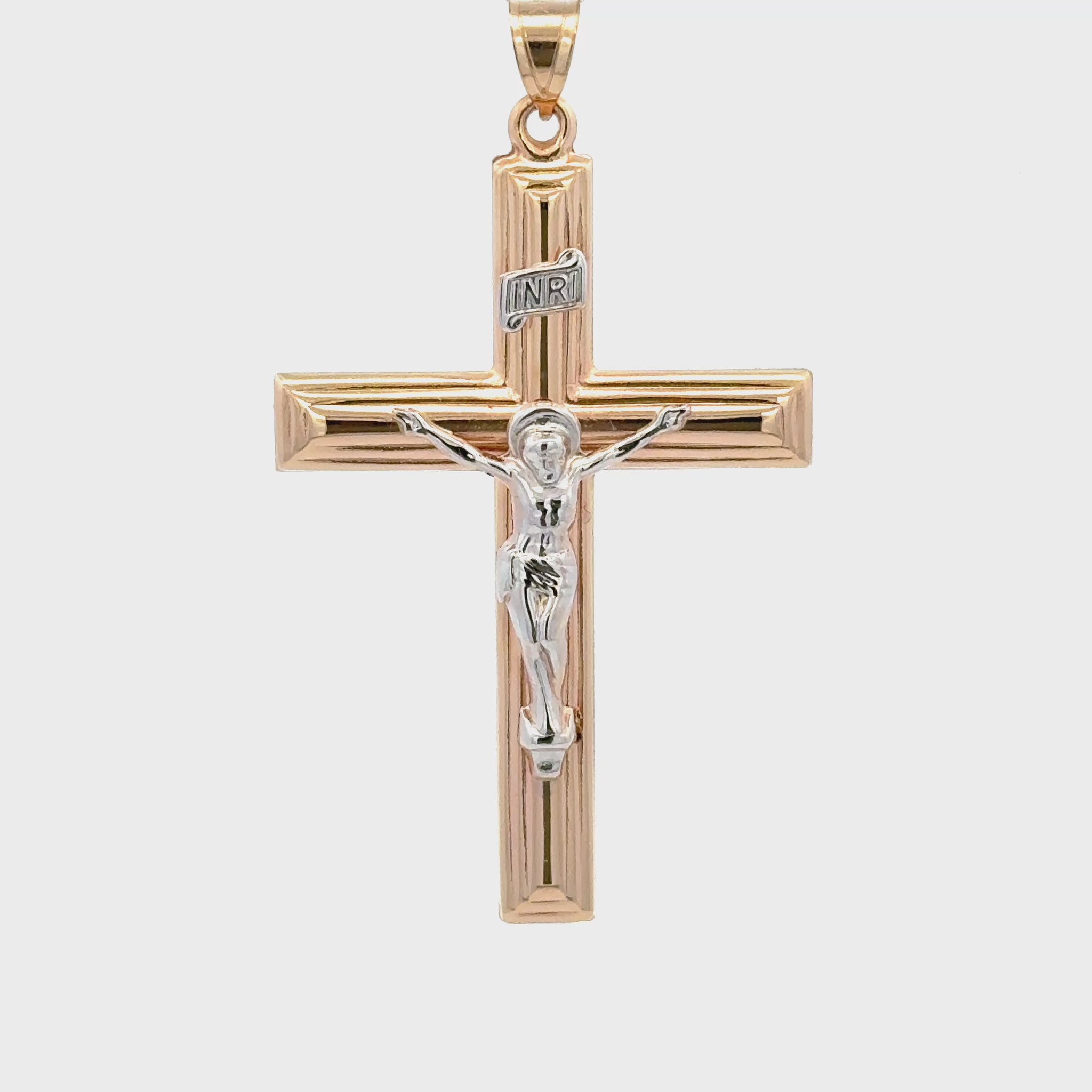 XXL 14K Two Tone gold INRI crucifix pendant with white gold Corpus of Christ on a polished yellow gold beveled cross, handcrafted religious jewelry made in the USA video