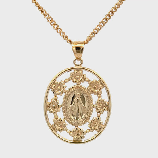 Solid 14K Double Bonded Gold Miraculous Virgin Mary Flower Frame medal pendant on a cable chain video