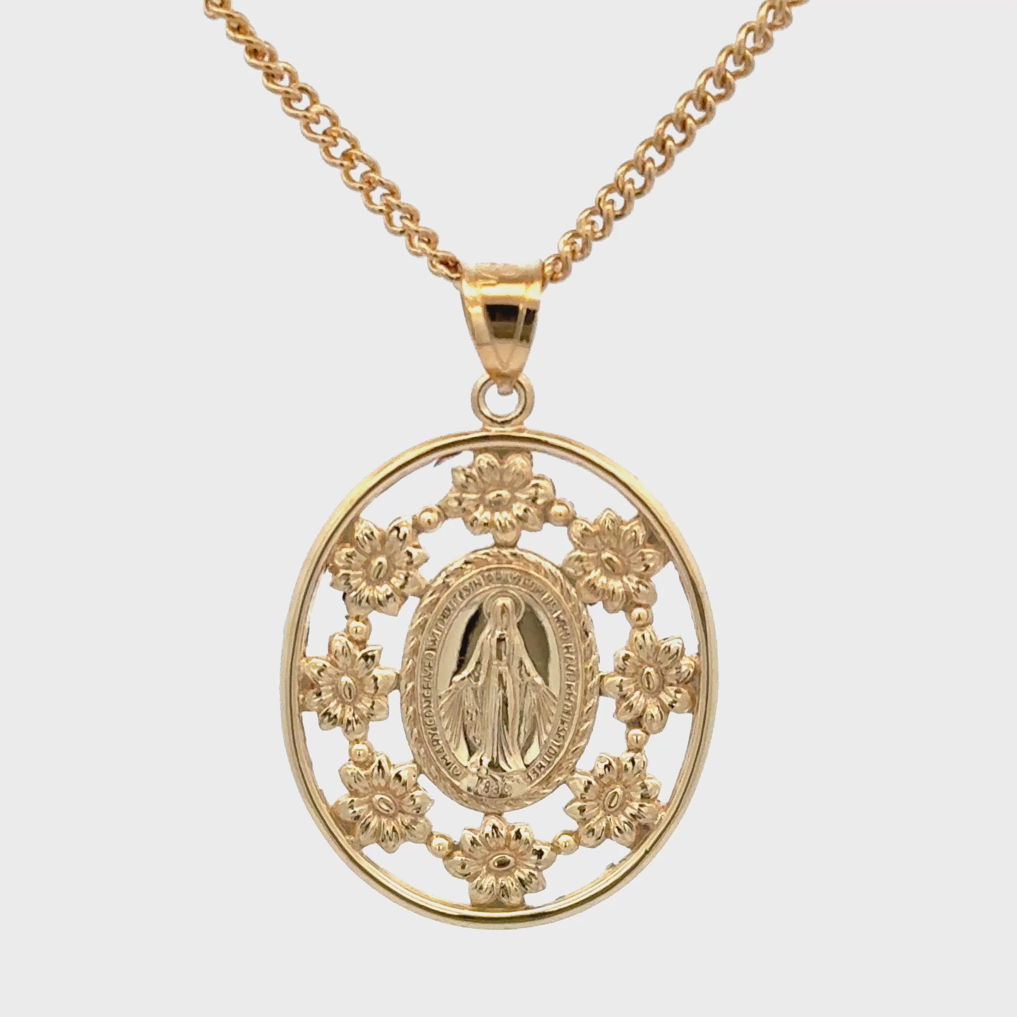 Solid 14K Double Bonded Gold Miraculous Virgin Mary Flower Frame medal pendant on a cable chain video