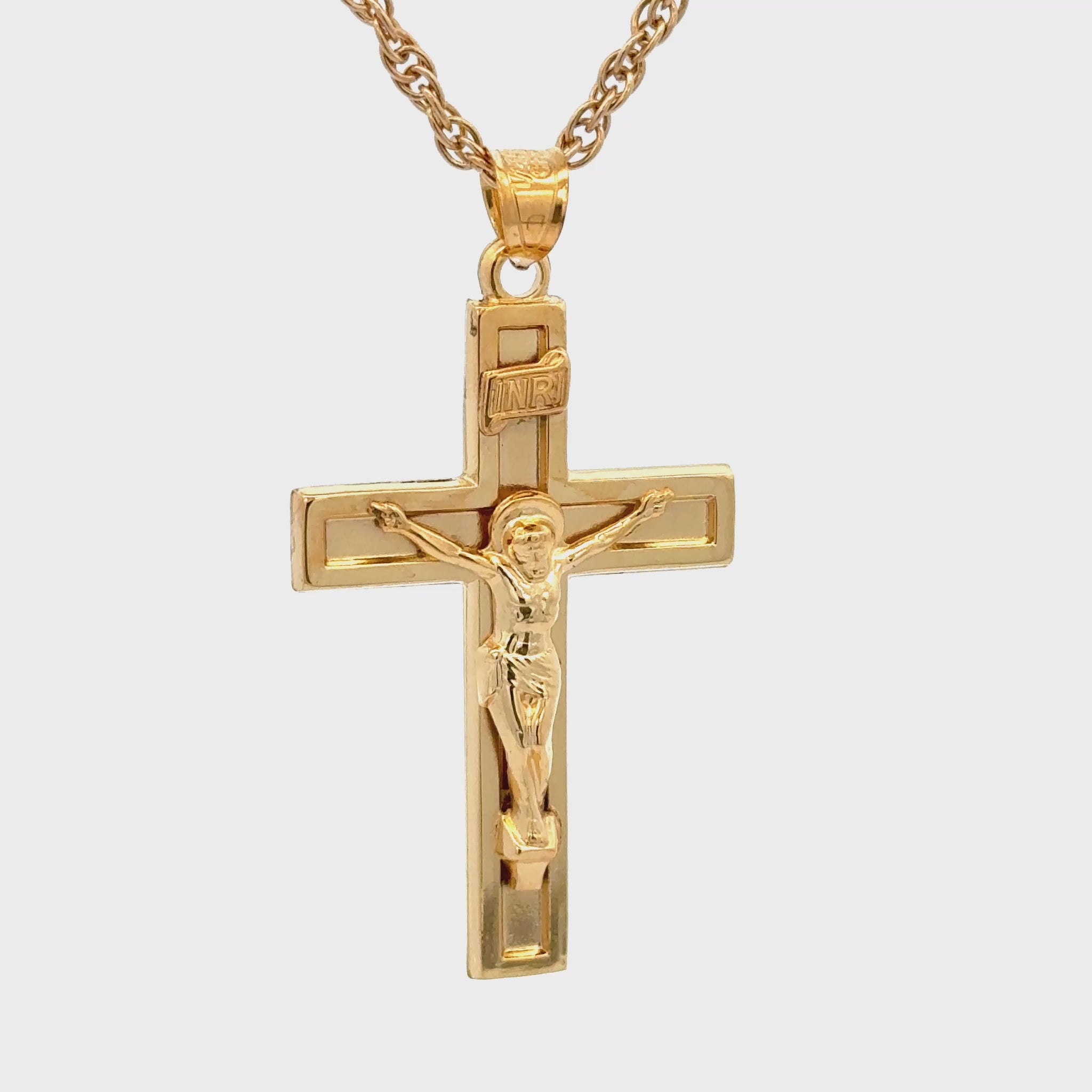 Solid 14K Double Bonded Gold XXL plain polished INRI Crucifix cross pendant on a rope chain video