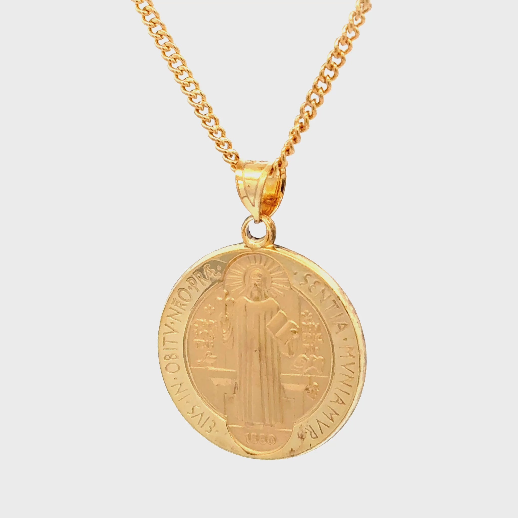 Solid 14K Double Bonded Gold Saint Benedict pendant medal on cable chain video L (size of Nickel) M (size of Dime)
