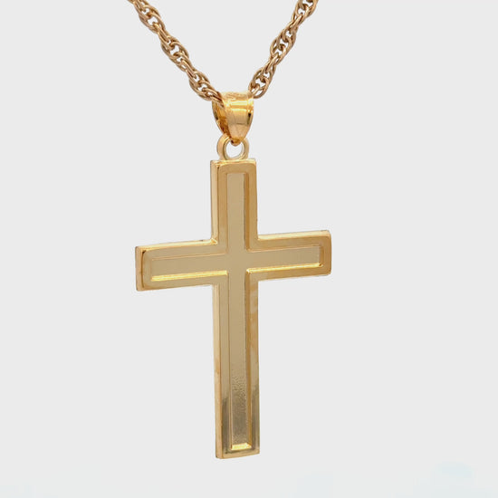 Solid 14K Double Bonded Gold XXL plain polished Cross pendant on a rope chain video
