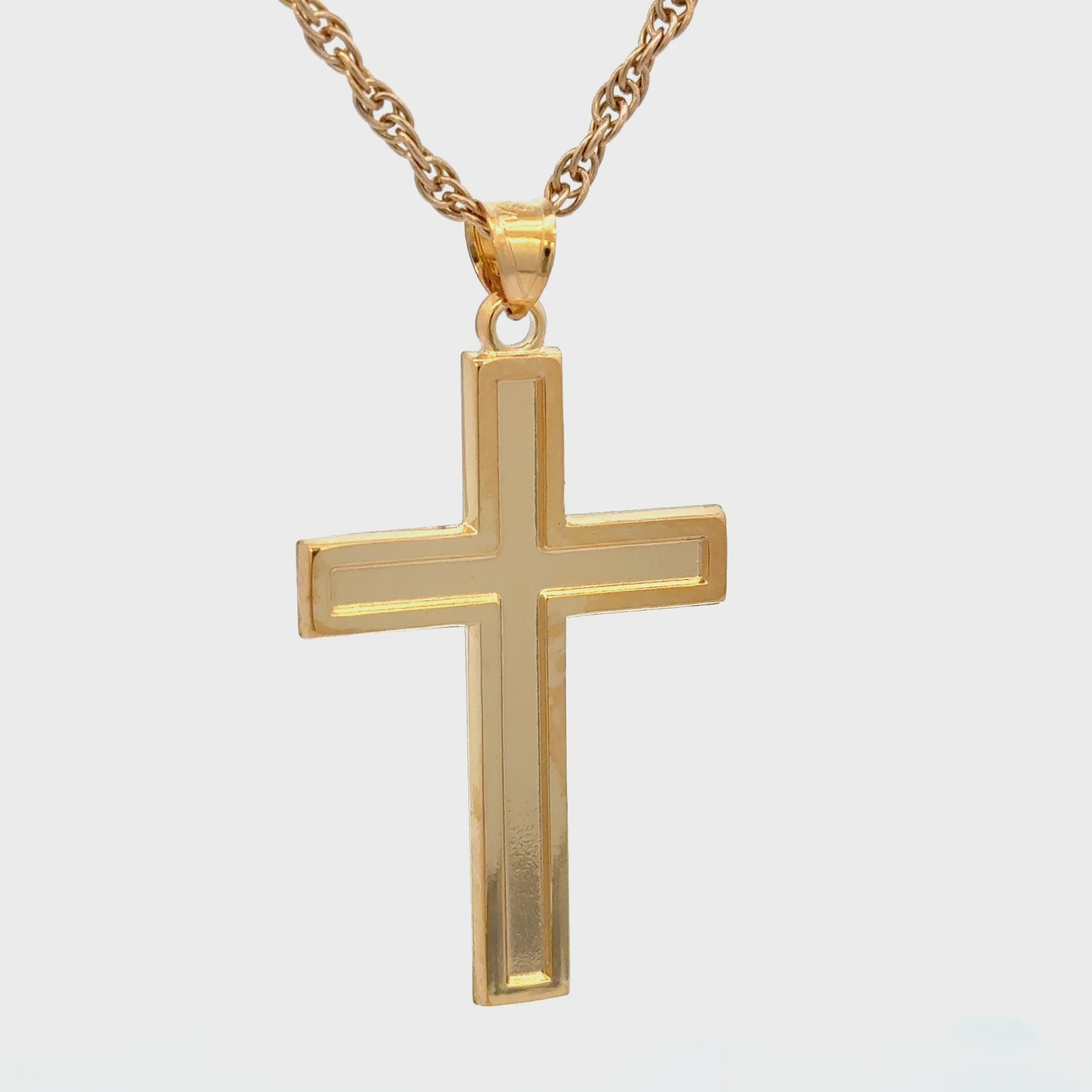 Solid 14K Double Bonded Gold XXL plain polished Cross pendant on a rope chain video