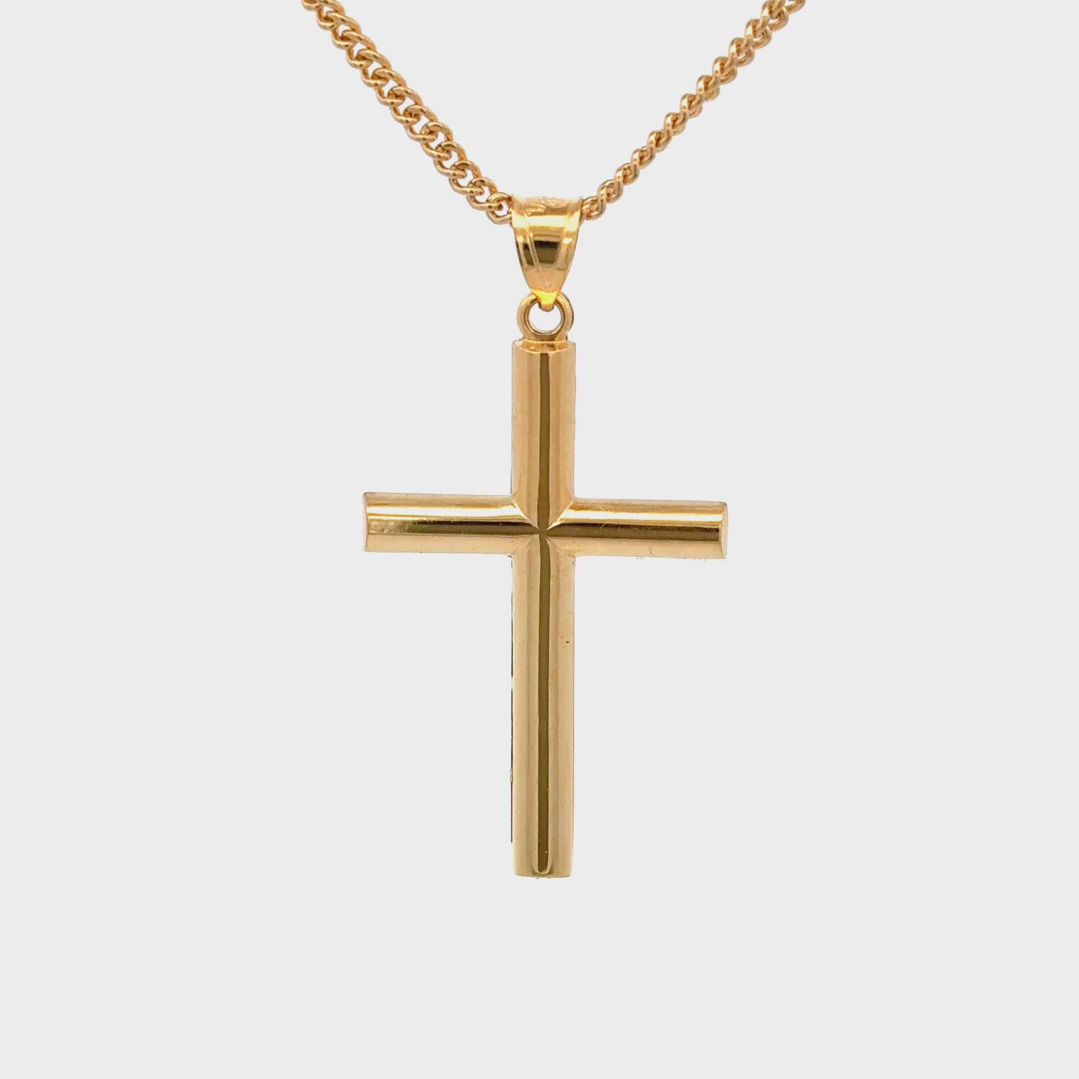14K Double Bonded Gold Tube cross pendant on a gold filled cable chain against a white background video