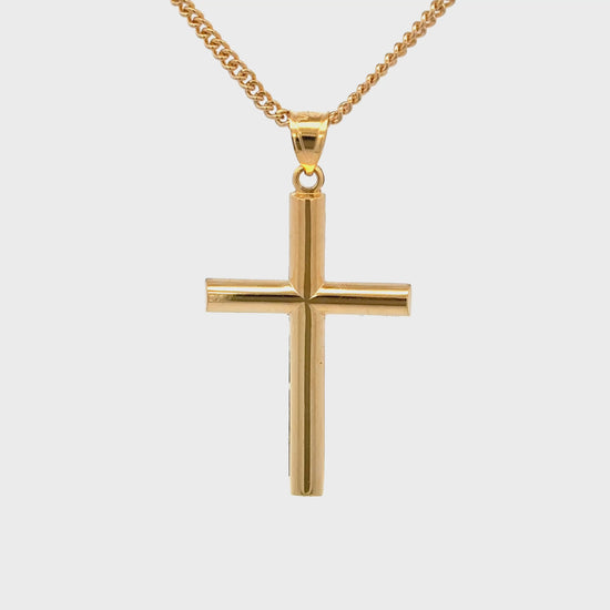 14K Double Bonded Gold Tube cross pendant on a gold filled cable chain against a white background video