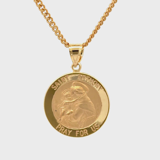 Solid 14K Double Bonded Gold Saint Anthony medal pendant on cable chain video