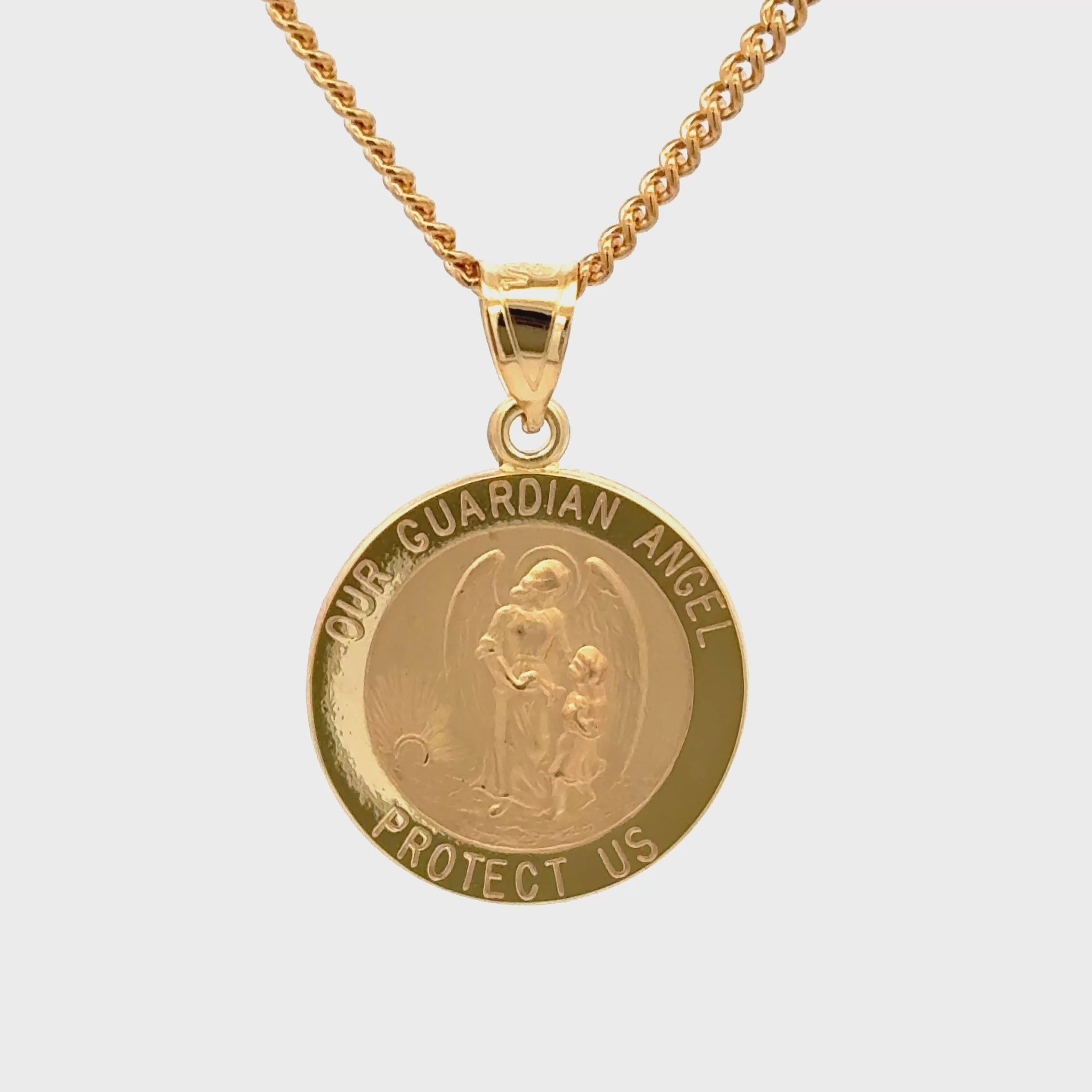 Solid 14K Double Bonded Gold Our Guardian Angel pendant medal M (size of Dime) on chain video