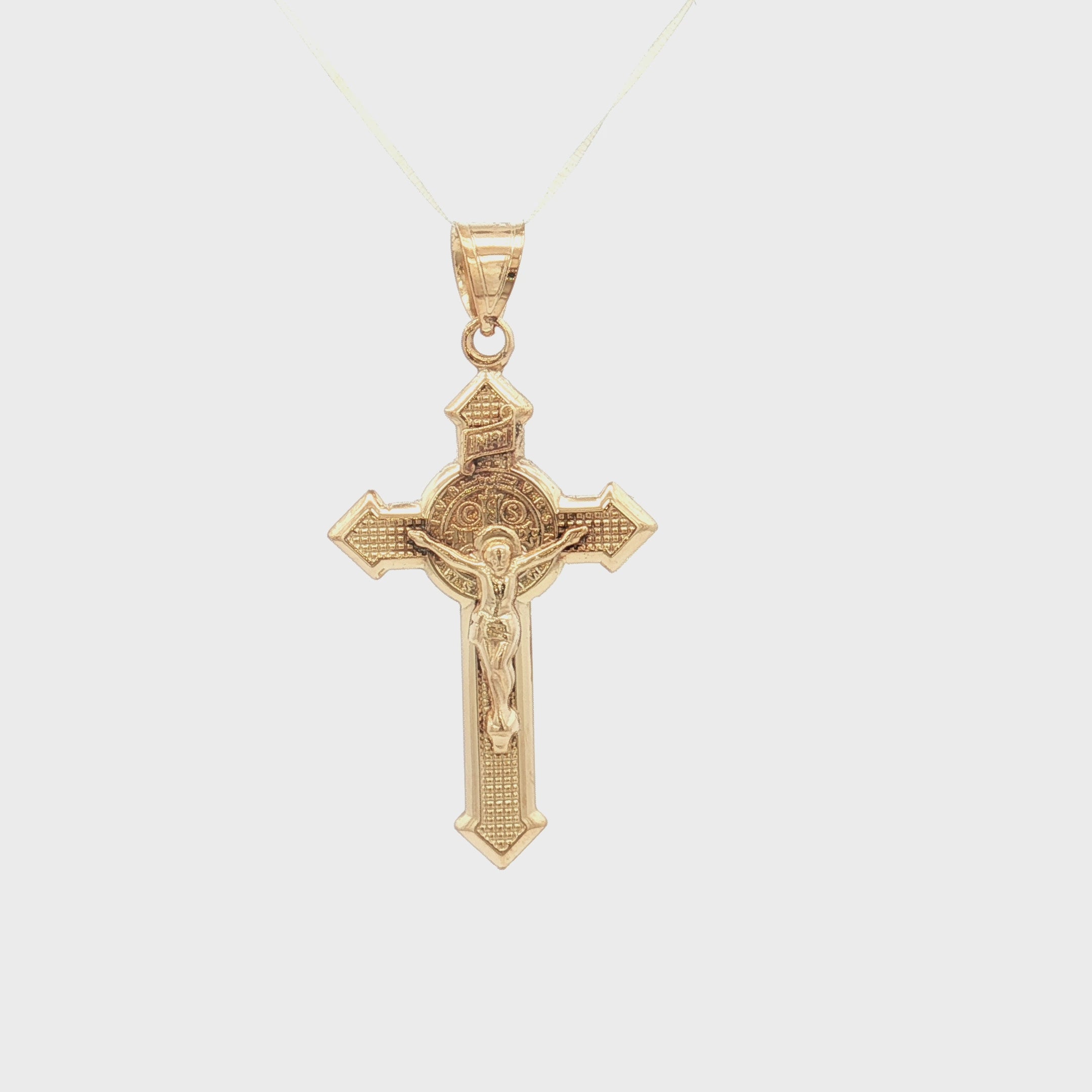 Solid 14K Double Bonded Gold Saint Benedict Crucifix double sided Cross pendant only L video