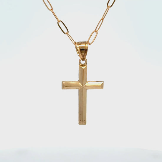 Small 14K double‑bonded gold simple cross pendant high‑polish finish on 16-18" paperclip chain video