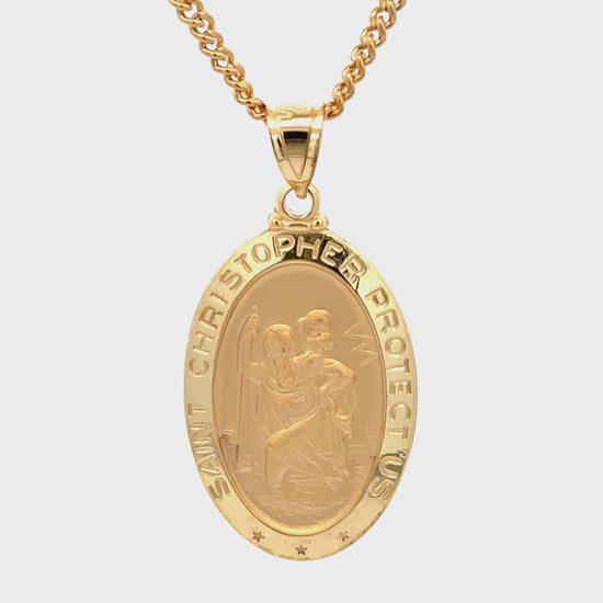 Solid 14K Double Bonded Gold Saint Christopher oval medal pendant on cable chain video