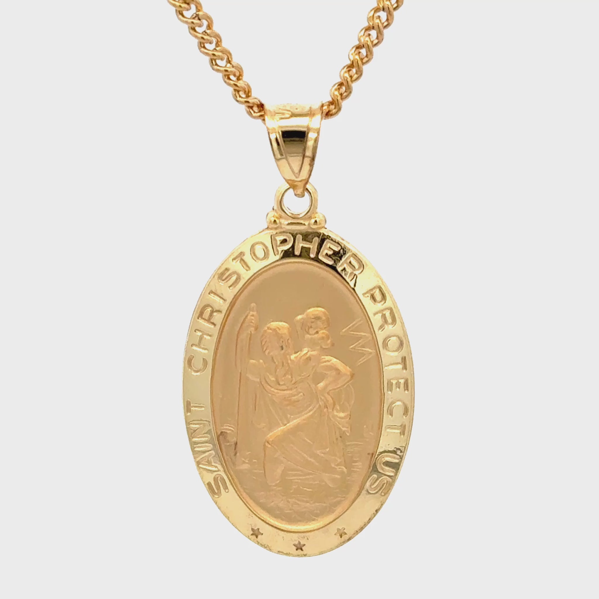 Solid 14K Double Bonded Gold Saint Christopher oval medal pendant on cable chain video